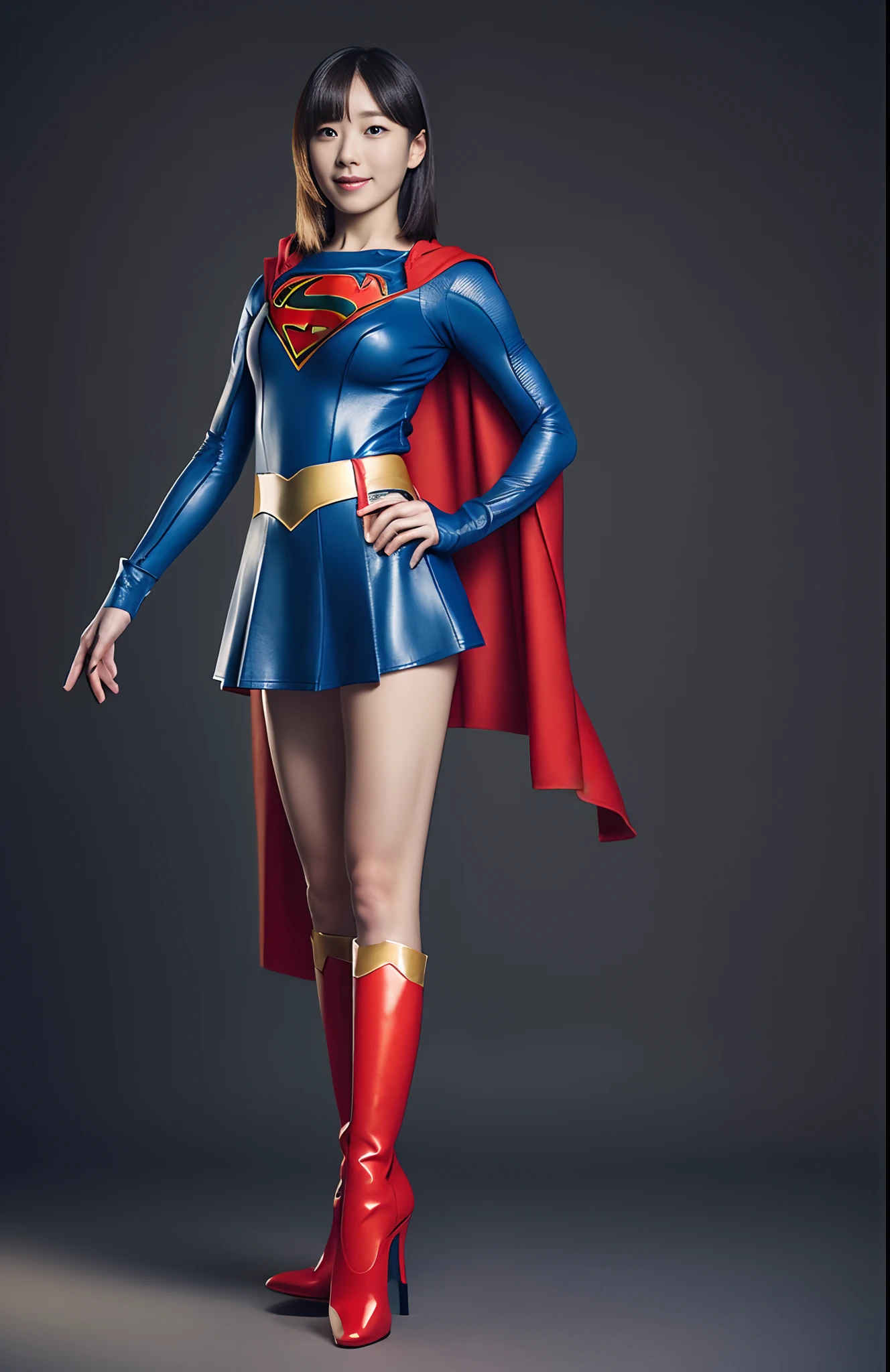 Be sure to wear black tights、(((Make the most of the original image)))、(((Supergirl Costume)))、(((shiny short hair)))、(((Suffering)))、(((Feet must necessarily be worn with black tights)))、(((Smile)))、(((You need to wear red boots)))、((Top image quality、8K))、((top-quality、8K、​masterpiece:1.3))、(((Keep your background simple)))、Crisp focus:1.2、Beautiful woman with perfect body shape:1.4、Slender Abs:1.2、((layers-Cut、large boob:1.2))、a wet body:1.5、Highly detailed facial and skin texture、