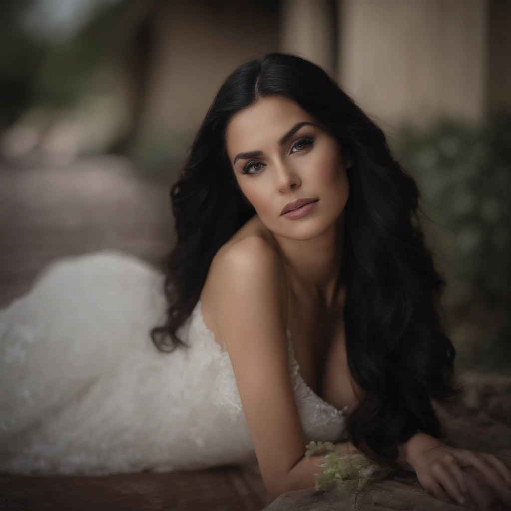 black hair model with elegant dress photo studio shot
