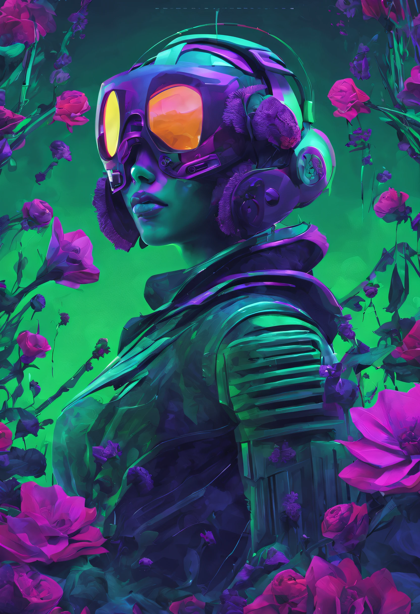 cinematic view, abstrair, Sem humanos, Cyberwave Cyberpunk Halloween Themed Poster with Flowers, nenhum humano, Metallic elements, Acidic colors: verde, Purple