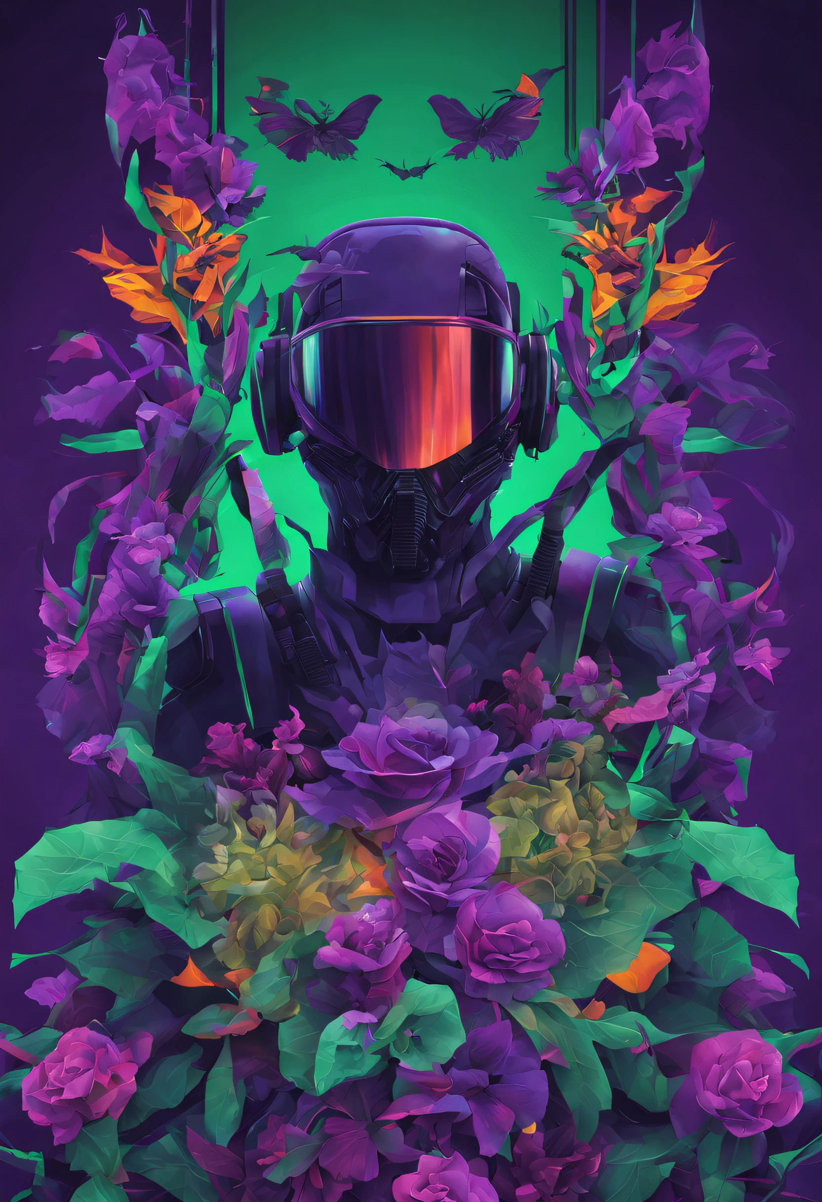 cinematic view, abstrair, Sem humanos, Cyberwave Cyberpunk Halloween Themed Poster with Flowers, nenhum humano, Metallic elements, Acidic colors: verde, Purple