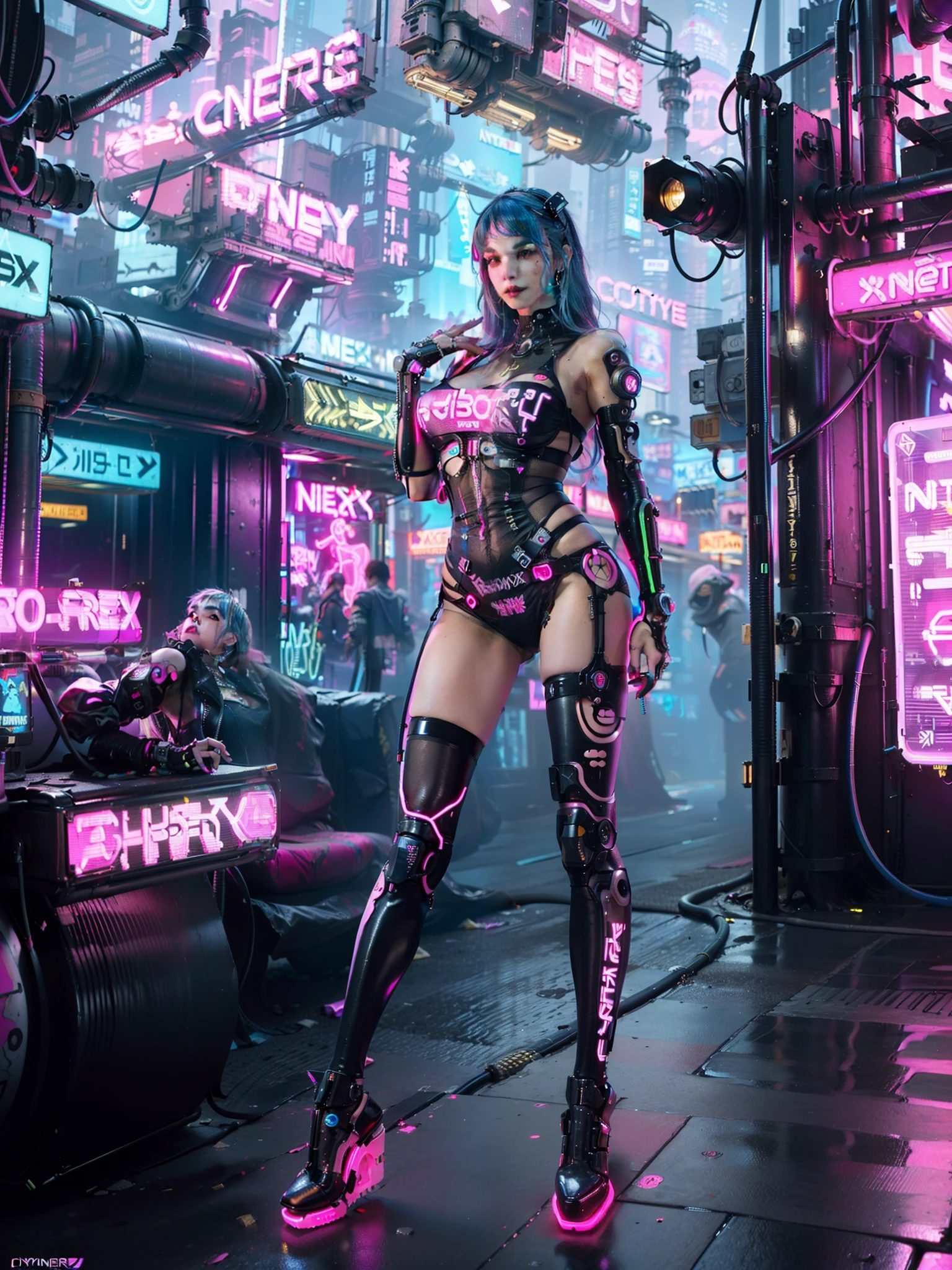 (masterpiece, top quality, best quality, official art, beautiful and aesthetic:1.2),(1 Sofia Boutella cyberpunk girl:1.4),((cowboy shot)),([pink|blue] hair:1.5),extreme detailed,(fractal art:1.3),(colorful:1.5), ((highly detailed face)), hyper detailed,(Mechanical modification:1.3),(modification:1.2),Maiden,(complex mechanical conduit is inserted into the back:1.5),(neon background:1.4),(neon city:1.75),night,large breasts, thigh gap, camel toe, (gothic_lolita:1.2),high heels,(:0.75),makeup,blush,(cyberpunk:1.4),((looking at viewer:1.3))