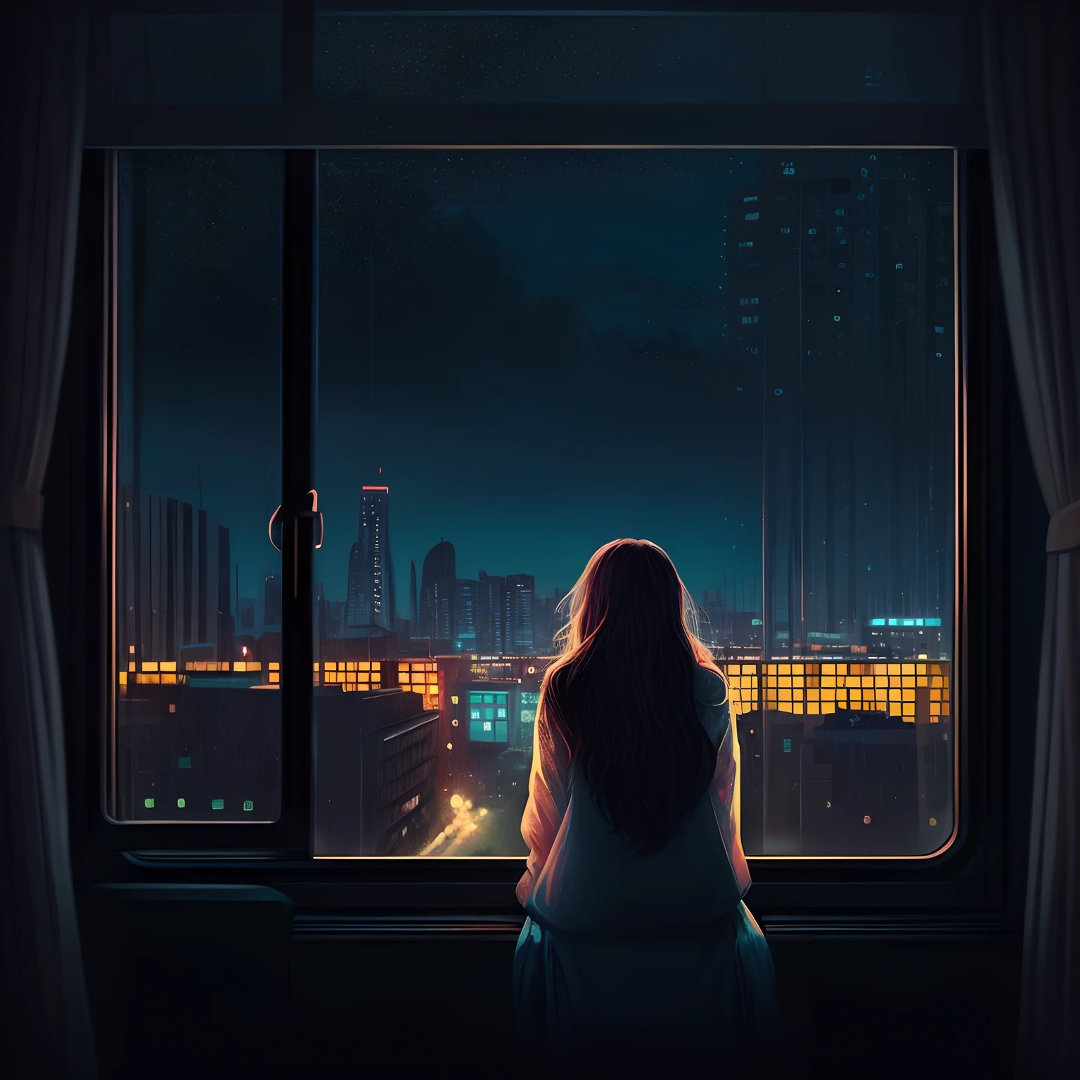 a woman sitting on a coach in front of a window cityscape, a digital painting inspired by Alena Aenami, pixiv, realism, calm night. digital illustration, blurred and dreamy illustration, blues, blurry and dreamy illustration, artistic. alena aenami, keyframe illustration, dreamy illustration, lo-fi illustration style, style of alena aenami