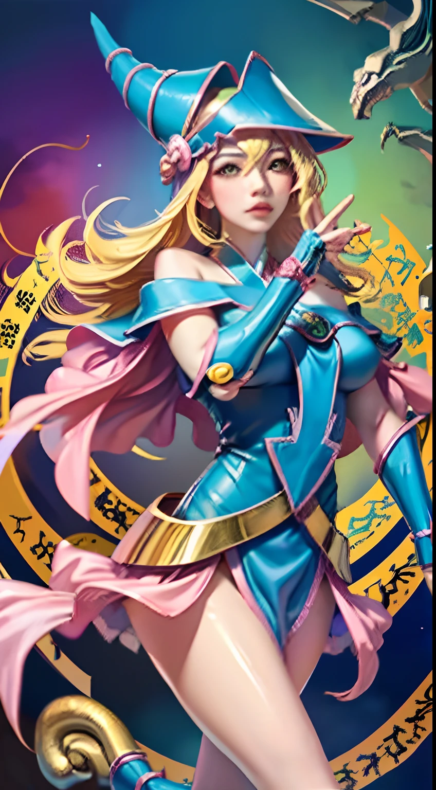 Arte oficial, fondos de pantalla unificados de 8K, ultra detallado, Beautiful and Aesthetic, obra maestra, mejor calidad, (Zentangle, Tangle, Entangle), (arte fractal: 1.4), 1girl dark magician girl, cabello rubio y lsrgo, chino, hombros desnudos, falda corta, becerro, ombligo, muy detallado, Angle Dynamic, cowboyshot, (chaos in a more beautiful way), fluyendo, (colores brillantes), oc, (mitad: 1.2), china, (cielo volador de thangka: 1.5), (cinta: 1.3), (dream: 1.5), (hanfu: 1.5), Chinese dragon, Chinese phoenix, (sonrisa: 0.5), (deidad china),