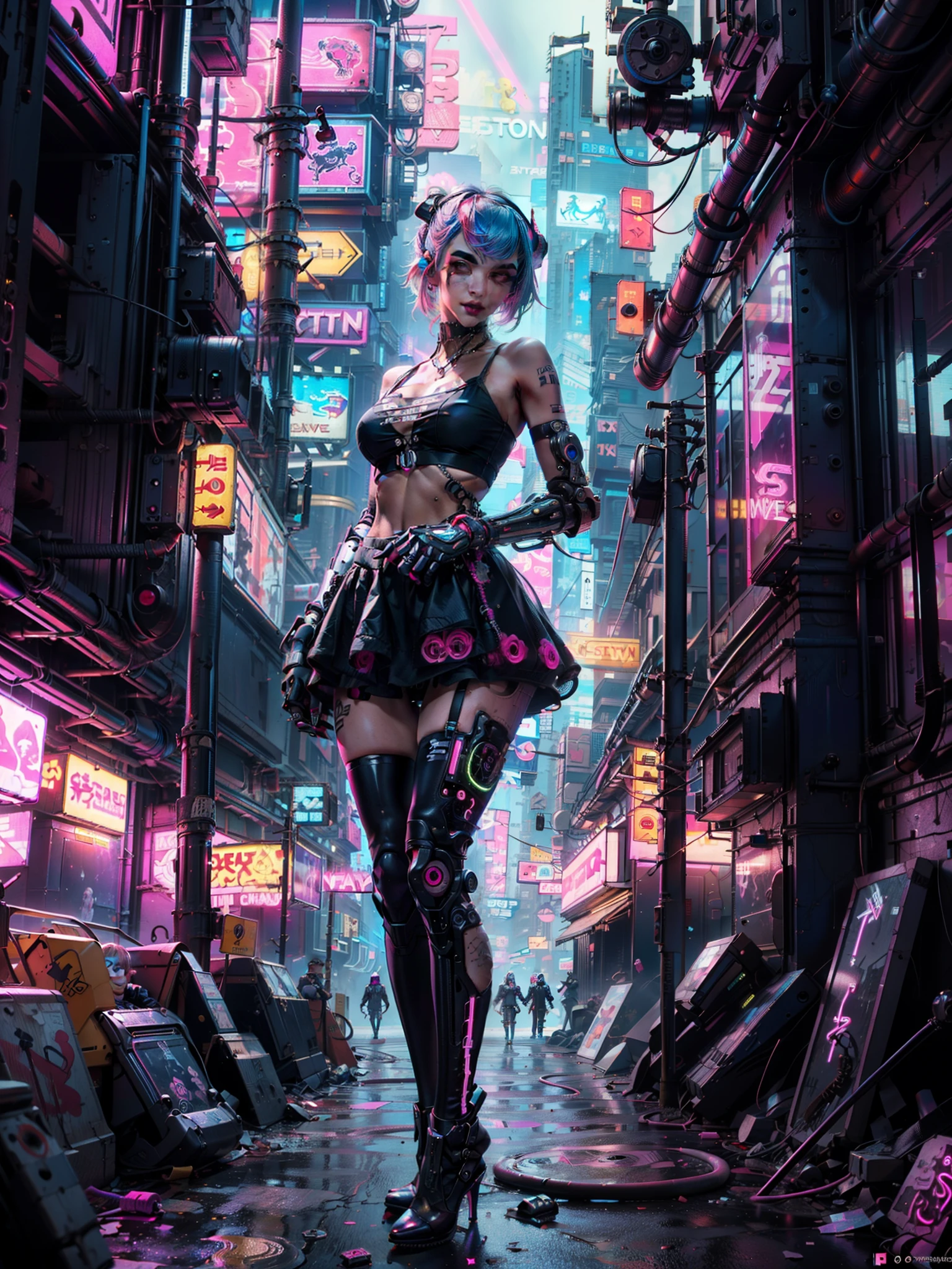 (((Close up cowboy shot))),masterpiece, top quality, best quality, official art, beautiful and aesthetic:1.2),(1 Sofia Boutella cyberpunk girl:1.4),([pink|blue] hair:1.5),extreme detailed,(fractal art:1.3),(colorful:1.5), ((highly detailed face)), hyper detailed,(Mechanical modification:1.3),(modification:1.2),Maiden,(complex mechanical conduit is inserted into the back:1.5),(neon background:1.4),(neon city:1.75),night,large breasts, thigh gap, camel toe, (gothic_****ta:1.2),high heels,(:0.75),makeup,blush,(cyberpunk:1.4),((looking at viewer:1.3))