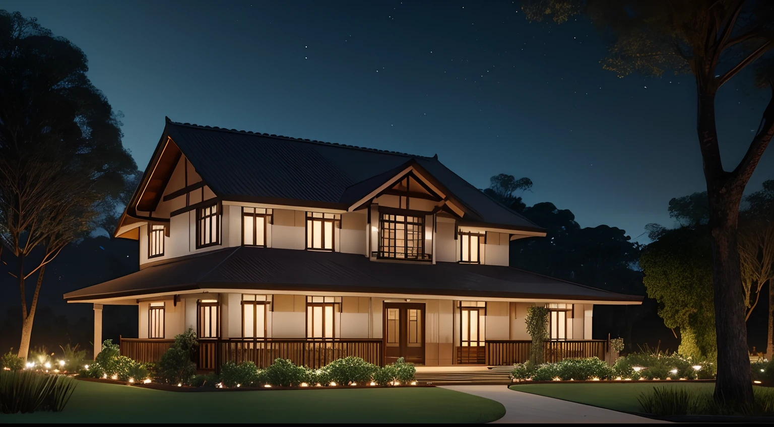 Casa grande no campo, no meio da floresta, rodeada de campo gramado, melhor qualidade, Lumion Pro rendering, night ligthning, cinematic quality.