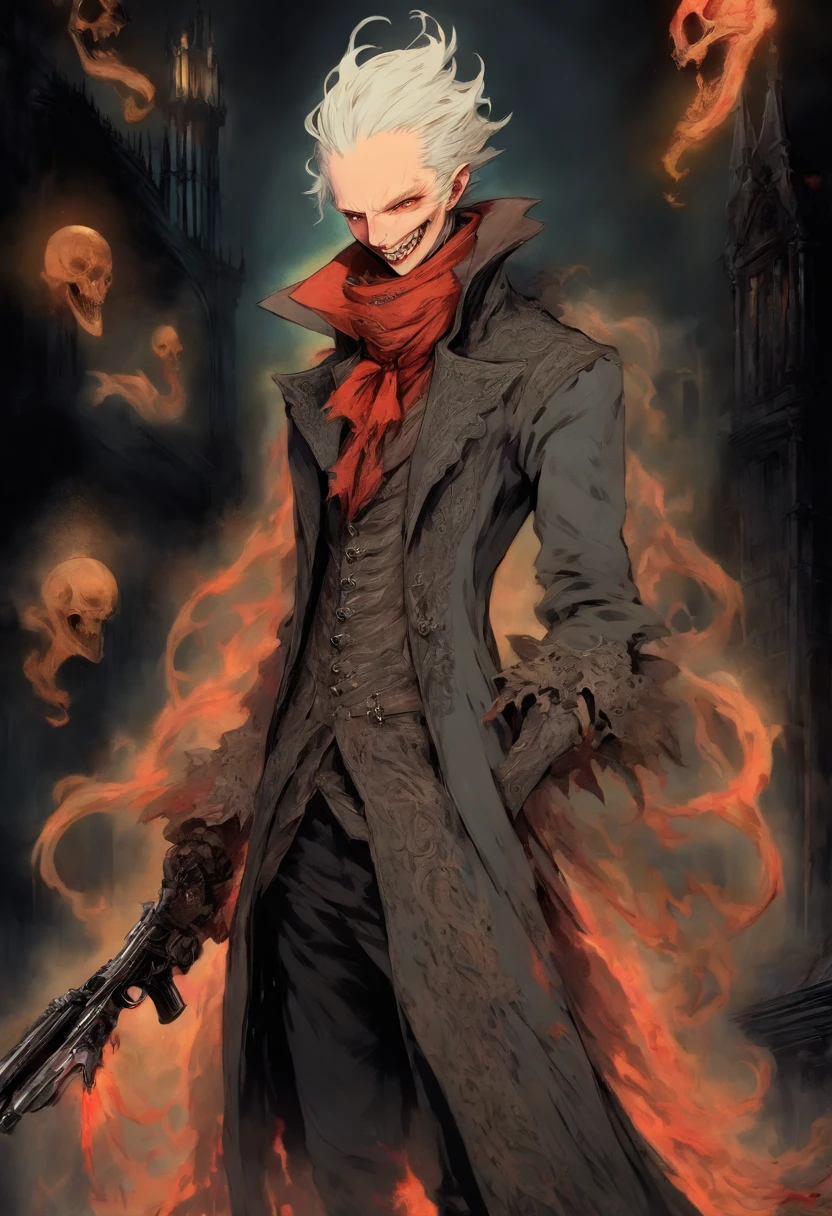 pale man with white hair, ropa victoriana como en bloodborne, He's carrying a gun and smiling