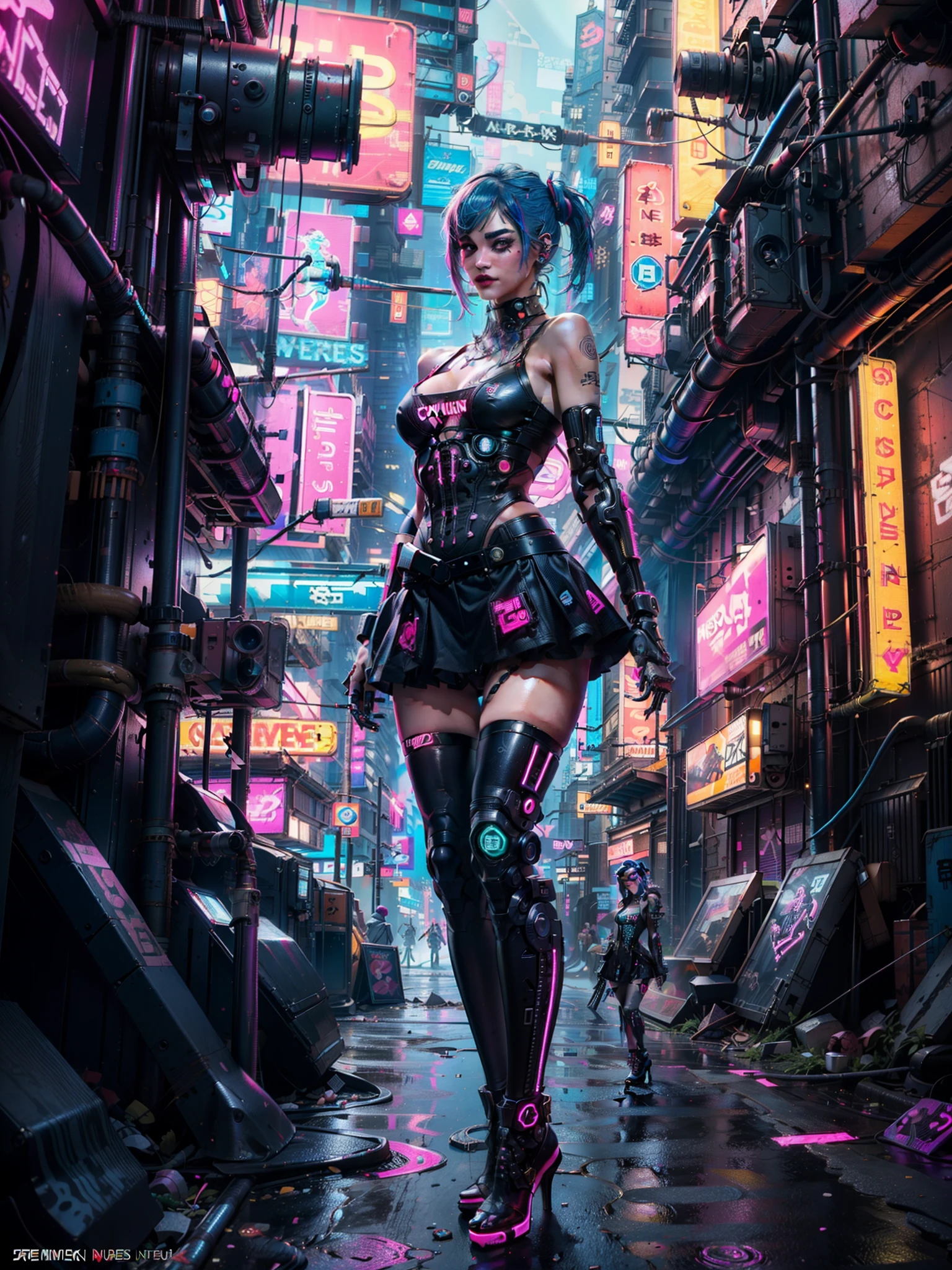 (((Close up cowboy shot))),masterpiece, top quality, best quality, official art, beautiful and aesthetic:1.2),(1 Sofia Boutella cyberpunk girl:1.4),([pink|blue] hair:1.5),extreme detailed,(fractal art:1.3),(colorful:1.5), ((highly detailed face)), hyper detailed,(Mechanical modification:1.3),(modification:1.2),Maiden,(complex mechanical conduit is inserted into the back:1.5),(neon background:1.4),(neon city:1.75),night,large breasts, thigh gap, camel toe, (gothic_lolita:1.2),high heels,(:0.75),makeup,blush,(cyberpunk:1.4),((looking at viewer:1.3))