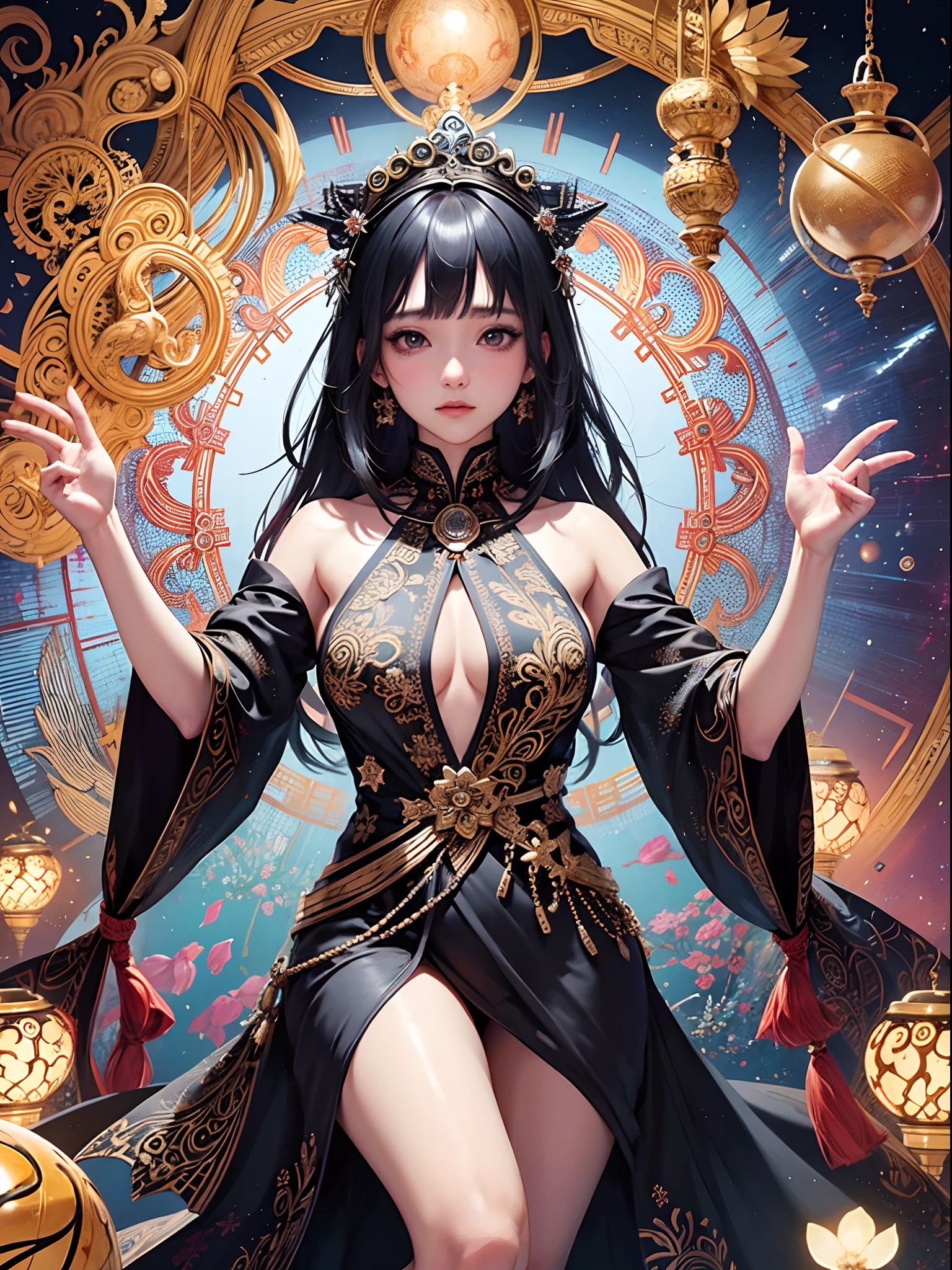 Official Art、unity 8k wall paper、ultra-detailliert、Beautifully Aesthetic、​masterpiece、top-quality、(Zentangle、a Mandala、Tangles、Tangles)、(Fractal Art:1.3)、One Girl、ighly detailed、Dynamic angles、The most beautiful forms chaos、elegent、Vibrant colors、romantism、atmosphere、ecstasy musical notes、Streaming music notes are visible、Shiro Miwa
