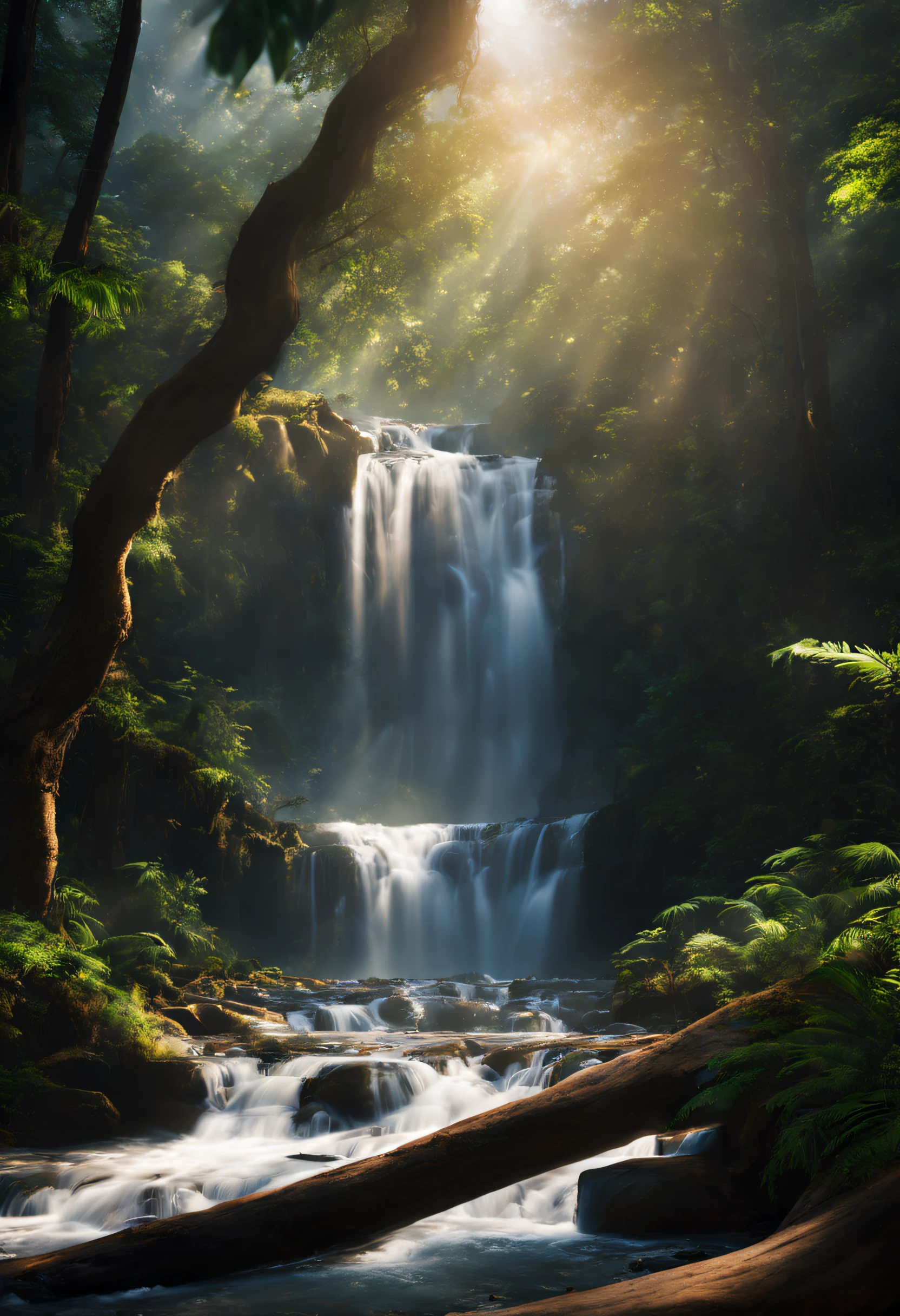 A beautiful photography of waterfall inside the forest, highly detail, realistic image, cinematic, landscape photography, natural lighting, long exposure.