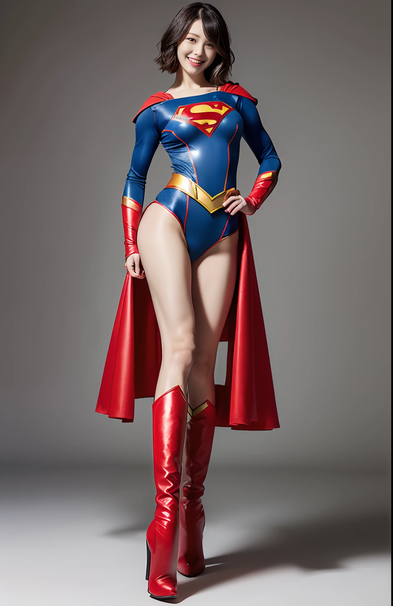 Be sure to wear black tights、(((Make the most of the original image)))、(((Supergirl Costume)))、(((shiny short hair)))、(((Suffering)))、(((Feet must necessarily be worn with black tights)))、(((Smile)))、(((You need to wear red boots)))、((Top image quality、8K))、((top-quality、8K、masterpiece:1.3))、(((Keep your background simple)))、Crisp focus:1.2、Beautiful woman with perfect body shape:1.4、Slender Abs:1.2、((layers-Cut、large boob:1.2))、a wet body:1.5、Highly detailed facial and skin texture、