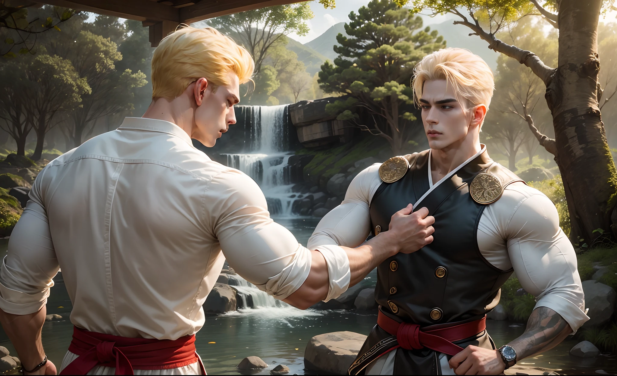 A 20 years old western martial art Sensei (male), handsome man, muscle, white, the old temple where small river, beautiful trees, peacefull environment, birds are sit on the tree, highly detailed texture, 8K UHD, shoot with Sony alpha a7, short style yellow hair, diamond face, high-quality detailed face, fit body, Precise, detailed eyes look straight ahead , pose standing