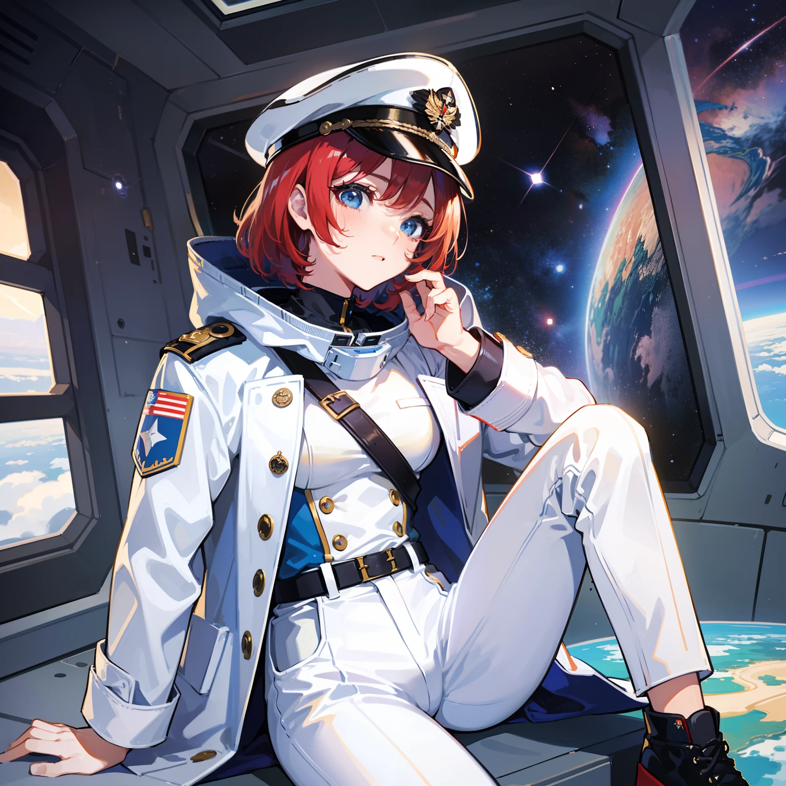 ((Masterpiece)), ((Highest Image Quality)), ((Best Quality)), (Illustration of One Girl), Full Body, 25 Years Old, Short Red Hair, (Thin Hair on Both Sides of Face), Blue Eyes, (((Tall)), ((Muscular Strong Body)), ((Manspreading)), Open Legs, (((Military Uniform)), (Military Hat)), (Military Coat)), (White Clothes), (White Pants), (White Hat), Trench Coat, ((Inside the spaceship, sitting in the captain's seat)), (outside the window, space, Earth seen from space, spaceport)
