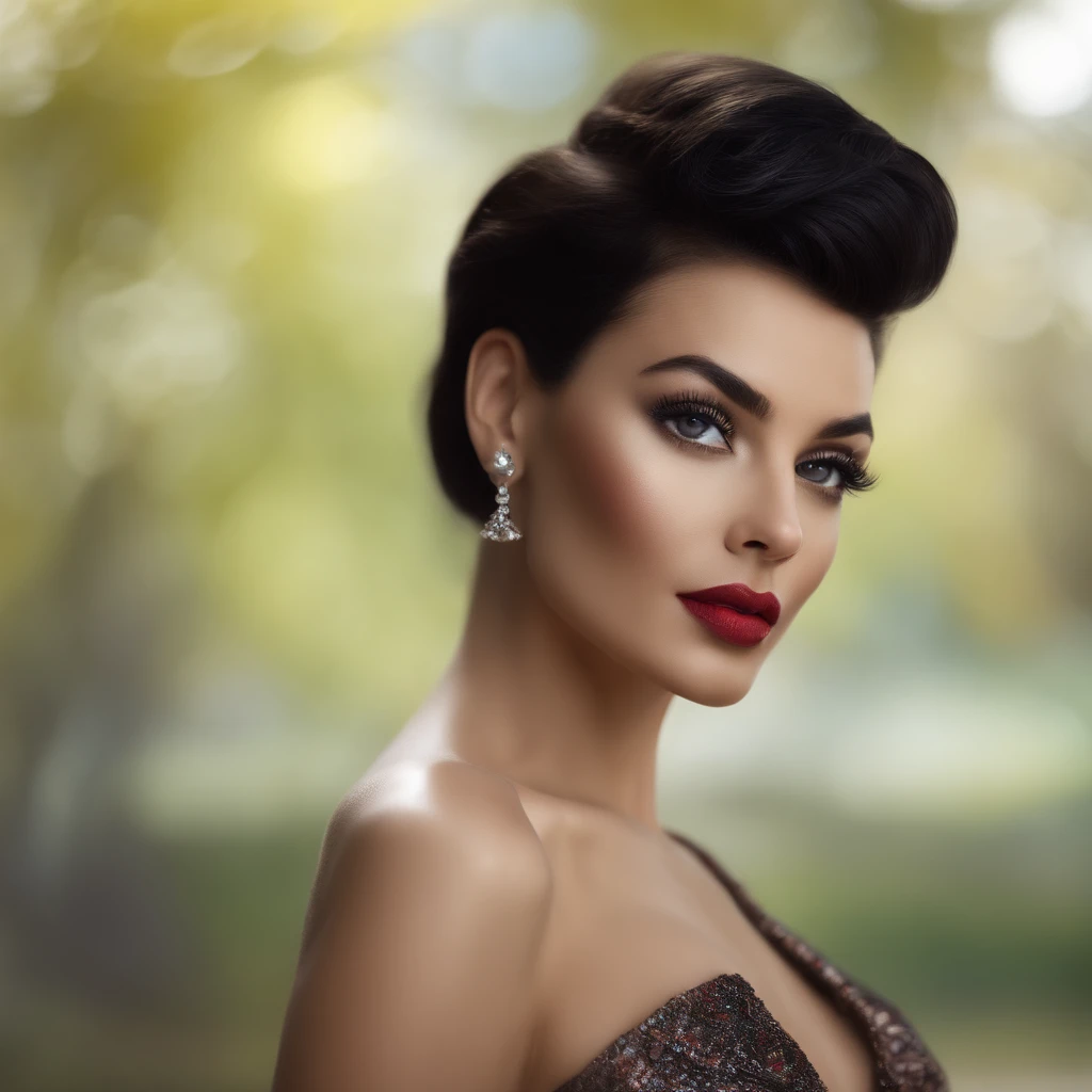 high fashion model,short black hair,beautiful detailed eyes,beautiful detailed lips,extremely detailed eyes and face,longeyelashes,glamorous makeup,stylish clothing,confident pose,runway walk,professional photoshoot,studio lighting,ultra-detailed,realistic,photorealistic,vivid colors,bokeh,highres,physically-based rendering,portrait style,sharp focus,ultra-fine painting,gorgeous background,striking color palette,highlight and contour,high fashion accessories,edgy hairstyle,modern fashion trends
