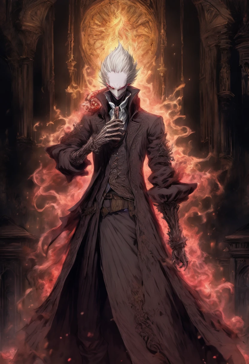 pale man with white hair, ropa victoriana como en bloodborne, lleva una pistola