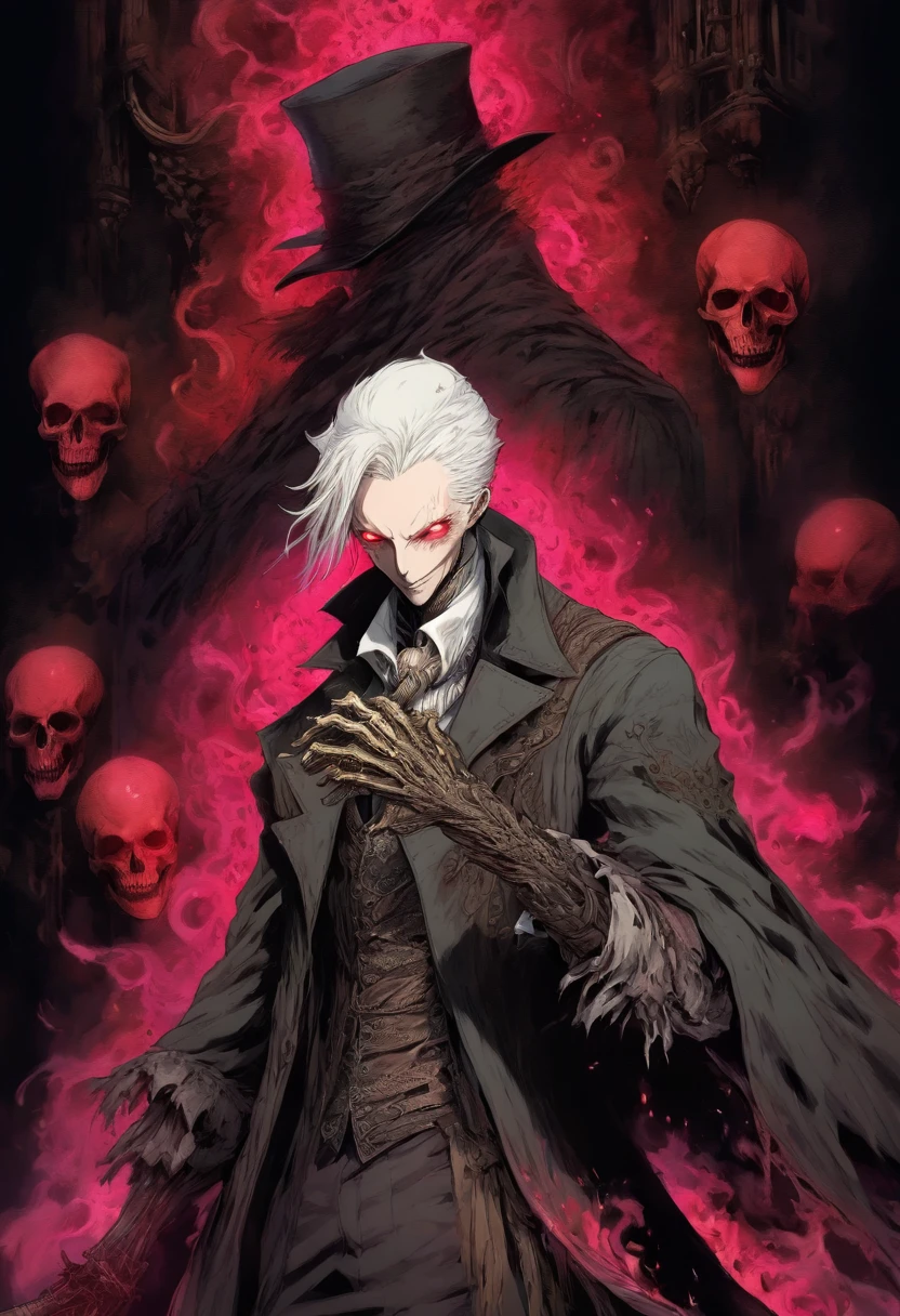 pale man with white hair, ropa victoriana como en bloodborne, lleva una pistola
