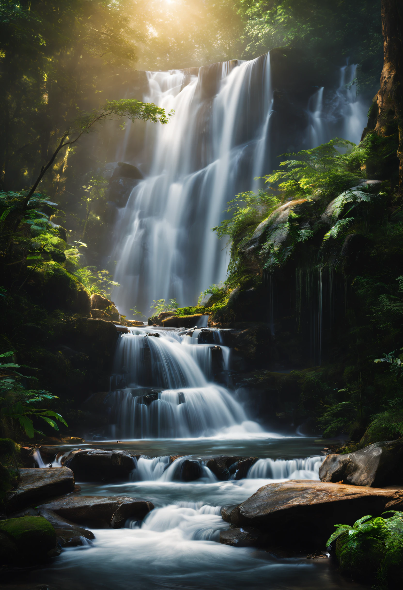 A beautiful photography of waterfall inside the forest, highly detail, realistic image, cinematic, landscape photography, natural lighting, long exposure.