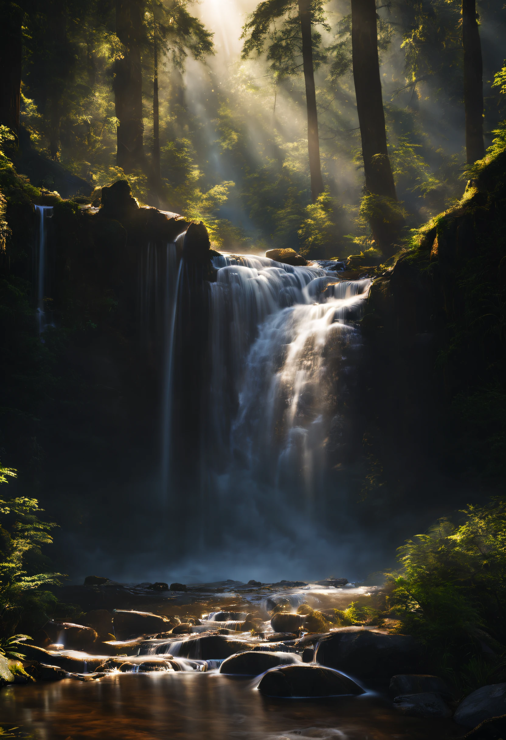 A beautiful photography of waterfall inside the forest, highly detail, realistic image, cinematic, landscape photography, natural lighting, long exposure.