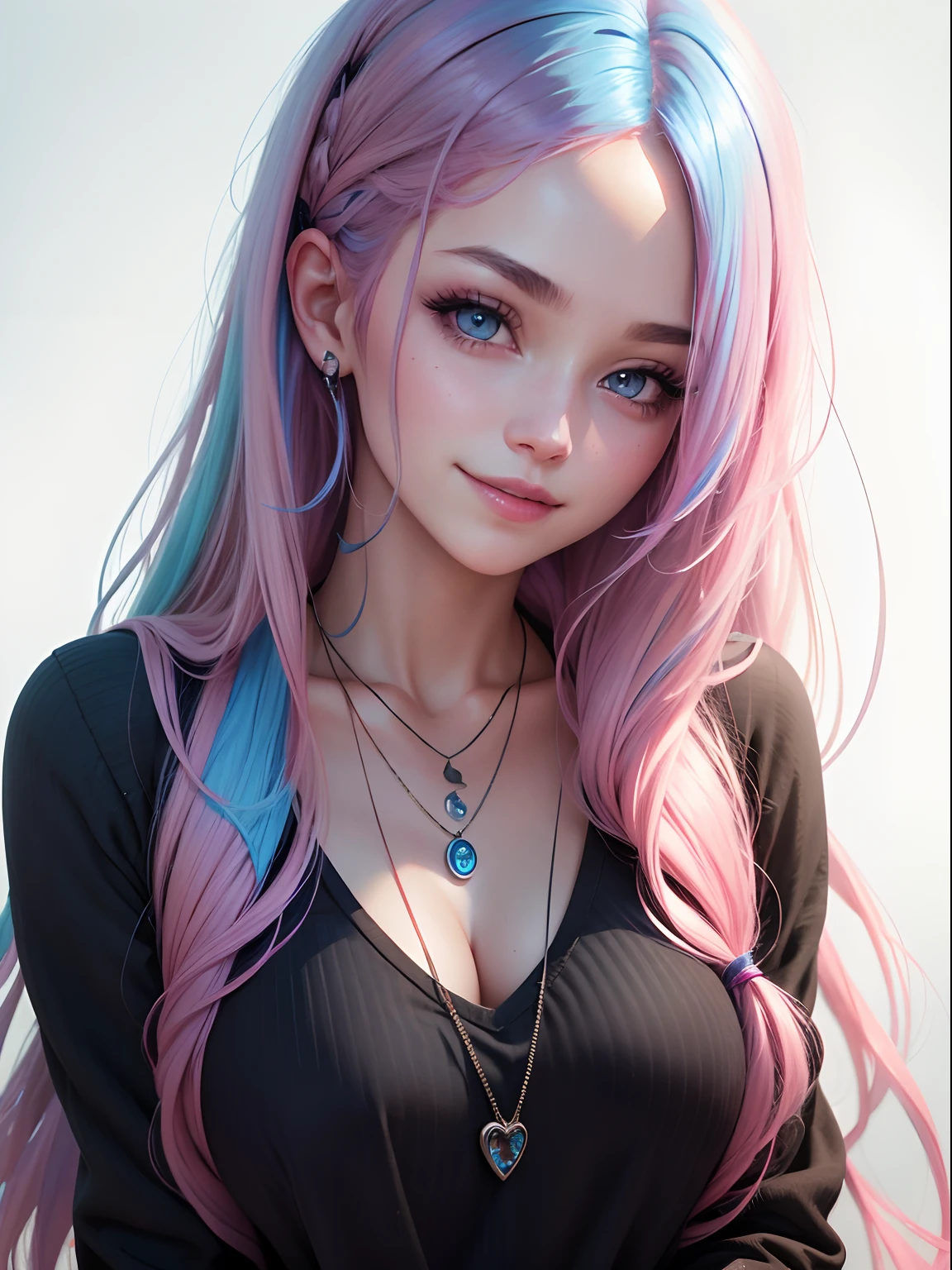 1 girl, blue&pink hair,long hair, Pink eyes, pink blush, blue lips, thick lips, smile, black clothes, love necklace, Simply girl, Amazing, masterpiece, best quality, 8k resolution, realistic