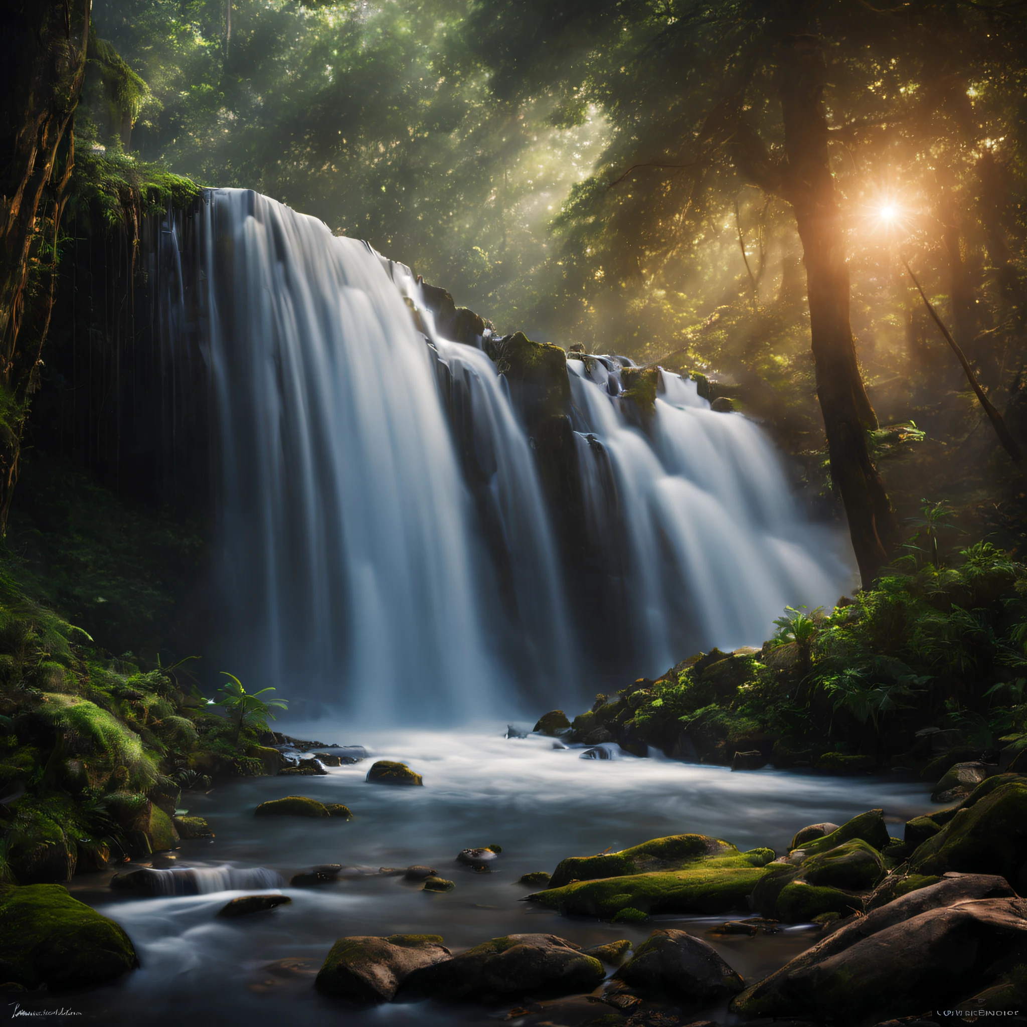 A beautiful photography of waterfall inside the forest, highly detail, realistic image, cinematic, landscape photography, long exposure.