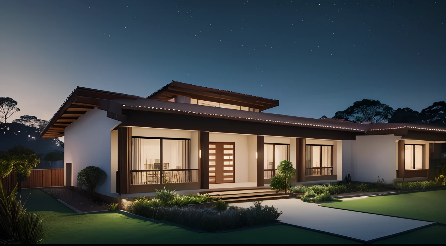 Casa grande no campo, ((estilo moderno)), no meio da floresta, rodeada de campo gramado, melhor qualidade, Lumion Pro rendering, night ligthning, cinematic quality.