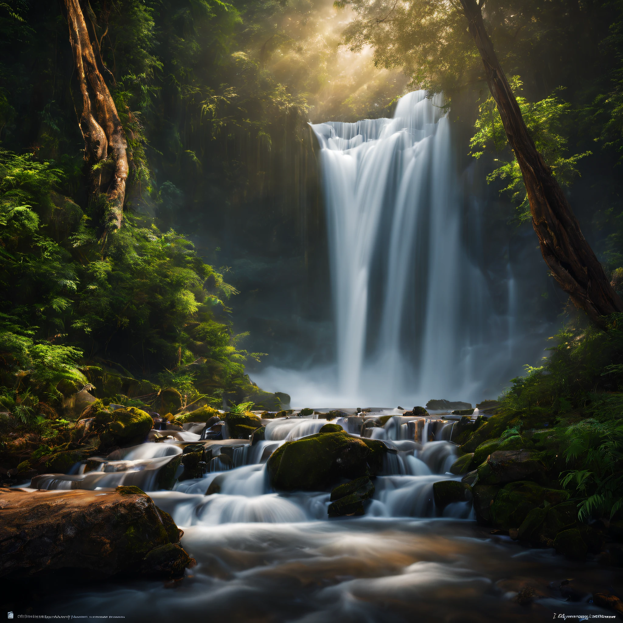 A beautiful photography of waterfall inside the forest, highly detail, realistic image, cinematic, landscape photography, long exposure.