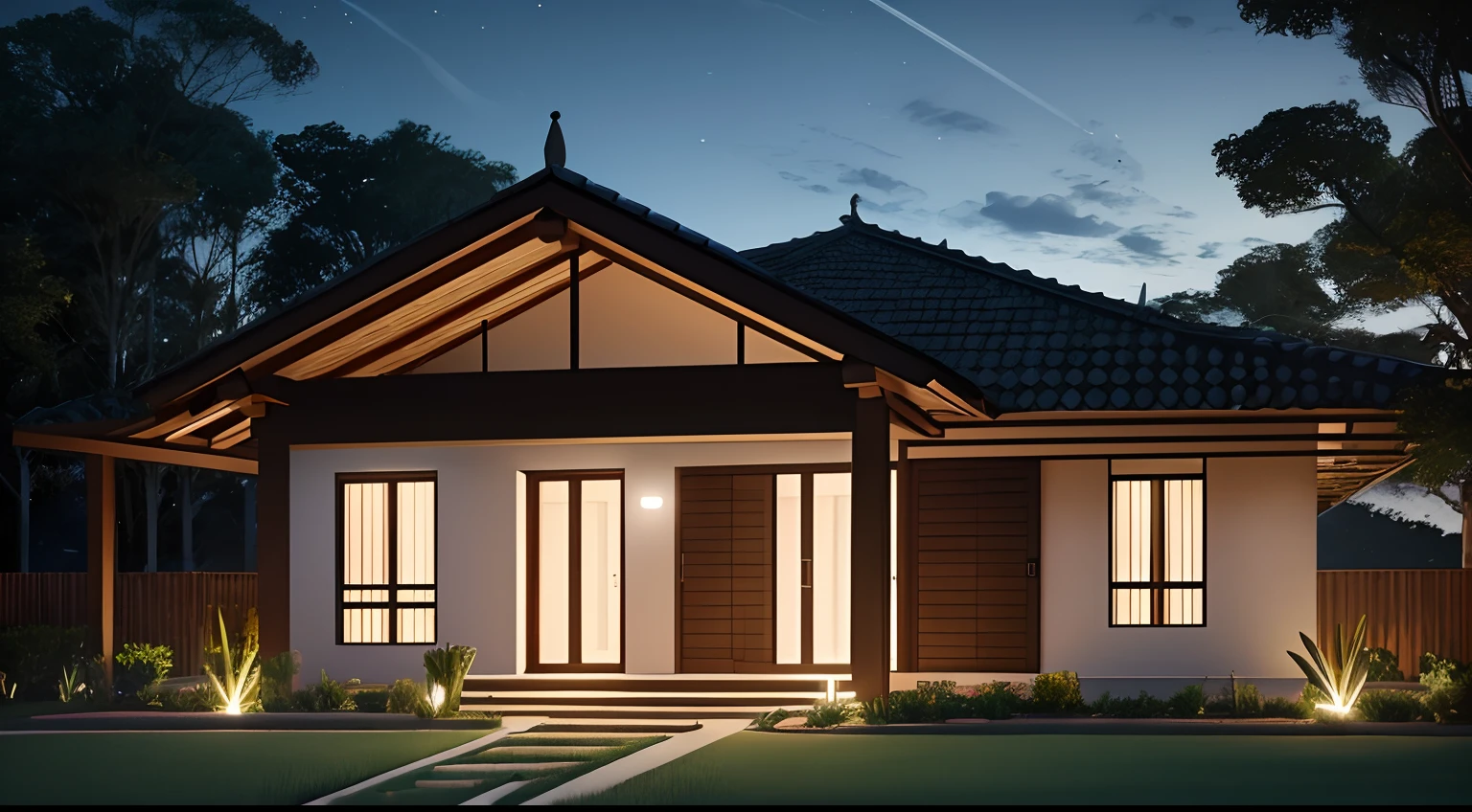 Casa grande no campo, ((estilo moderno)), no meio da floresta, rodeada de campo gramado, melhor qualidade, Lumion Pro rendering, night ligthning, cinematic quality.