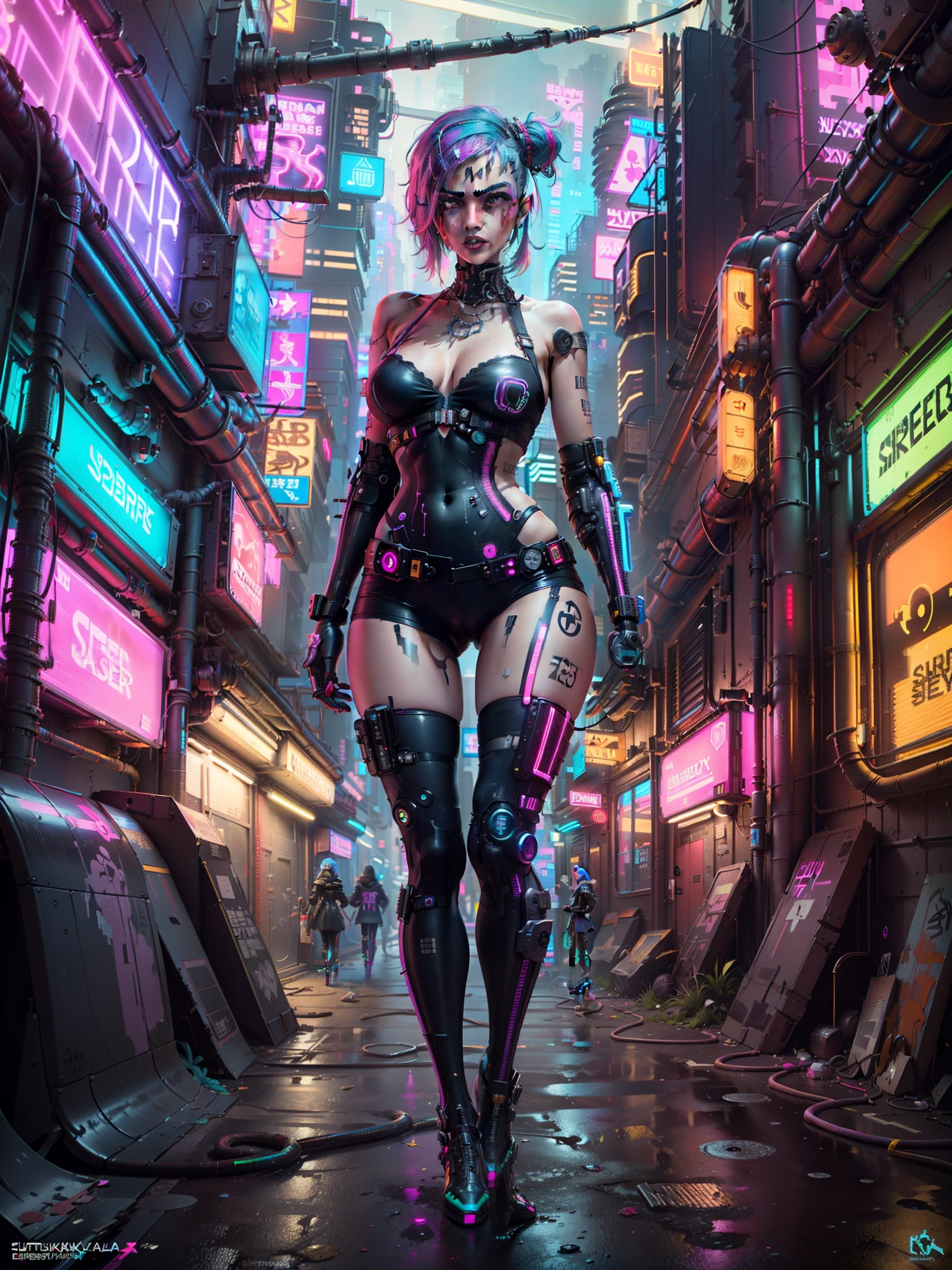 (((Close up cowboy shot))),masterpiece, top quality, best quality, official art, beautiful and aesthetic:1.2),(1 Sofia Boutella cyberpunk girl:1.4),([pink|blue] hair:1.5),((extreme detailed face)),(fractal art:1.3),(colorful:1.5), ((highly detailed face)), hyper detailed,(Mechanical modification:1.3),(modification:1.2),Maiden,(complex mechanical conduit is inserted into the back:1.5),(neon background:1.4),(neon city:1.75),night,large breasts, thigh gap, camel toe, (gothic_ta:1.2),high heels,(:0.75),makeup,blush,(cyberpunk:1.4),((looking at viewer:1.3))