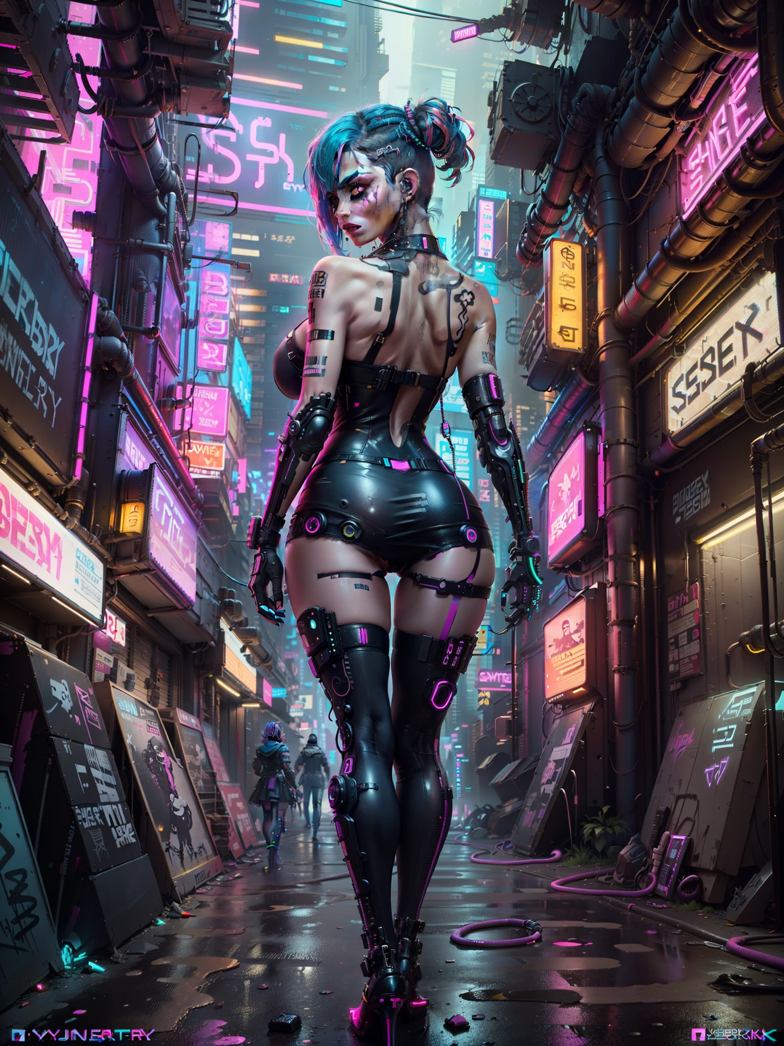 (((Close up cowboy shot))),masterpiece, top quality, best quality, official art, beautiful and aesthetic:1.2),(1 Sofia Boutella cyberpunk girl:1.4),([pink|blue] hair:1.5),((extreme detailed face)),(fractal art:1.3),(colorful:1.5), ((highly detailed face)), hyper detailed,(Mechanical modification:1.3),(modification:1.2),Maiden,(complex mechanical conduit is inserted into the back:1.5),(neon background:1.4),(neon city:1.75),night,large breasts, thigh gap, camel toe, (gothic_****ta:1.2),high heels,(:0.75),makeup,blush,(cyberpunk:1.4),((looking at viewer:1.3))