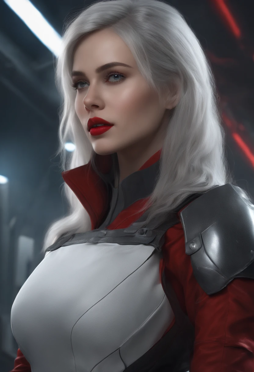 (Sci-fi fantasy), (Masterpiece), (professional oil painting) (best quality), (8k resolution), (1 beautiful girl), ((pale gray skin)), (iron gray skin), ((jeans clothes)),(red jacket)), ((black t-shirt underneath), ((red lipstick)), ((black sneakers)), (comcept art), small chest, (long hair), (messy hair), (white hair), (iron gray hair), ((with futuristic weapon)), (ammunition), ((moonlight of the night)), (sitting thinking))