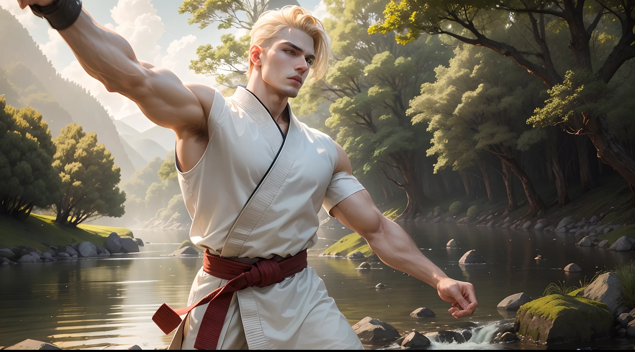A 20 years old western martial art Sensei (male), handsome man, muscle, white, the old temple where small river, beautiful trees, peacefull environment, birds are sit on the tree, highly detailed texture, 8K UHD, shoot with Sony alpha a7, short style yellow hair, diamond face, high-quality detailed face, fit body, Precise, detailed eyes look straight ahead , pose standing