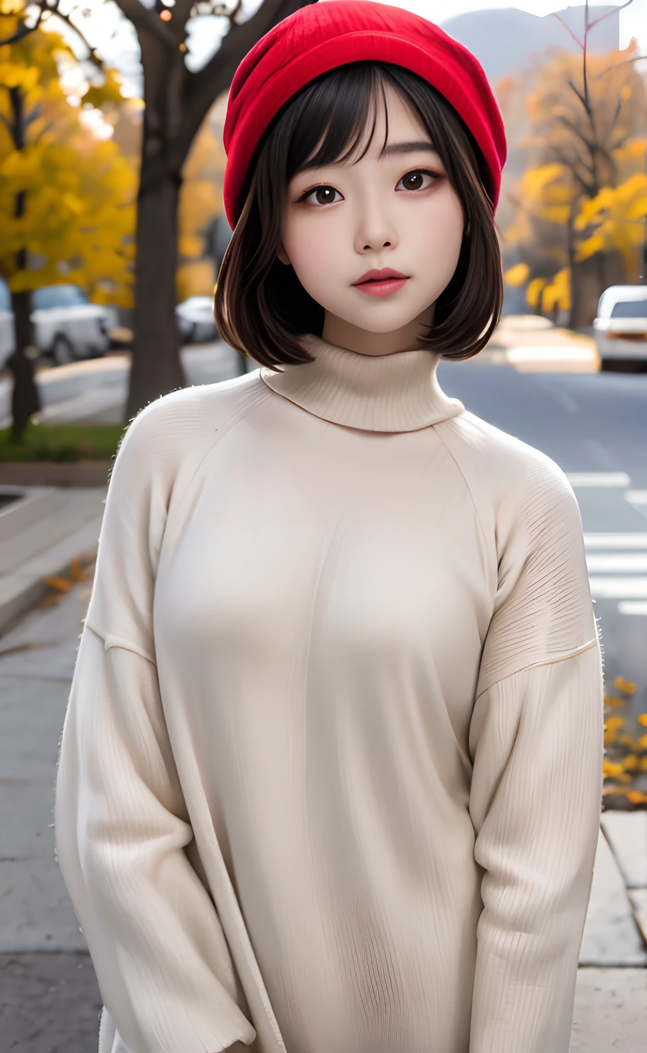 masutepiece:1.2, High quality, Best Quality, High resolution, Hyper realistic, girl with, a short bob,hair messy, Light gray eyes,Infinitely clear eyes,,High neck inner,Red knitted hat,muffler,Standing,Head tilt, Sunset, plein air,Autumn Park:1.5,blurry backround, Portrait,Natural look, (Detailed face), ((foco nítido)), ((Face)), The upper part of the body_Body