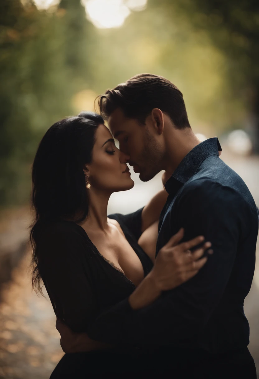 Black haired couple kissing