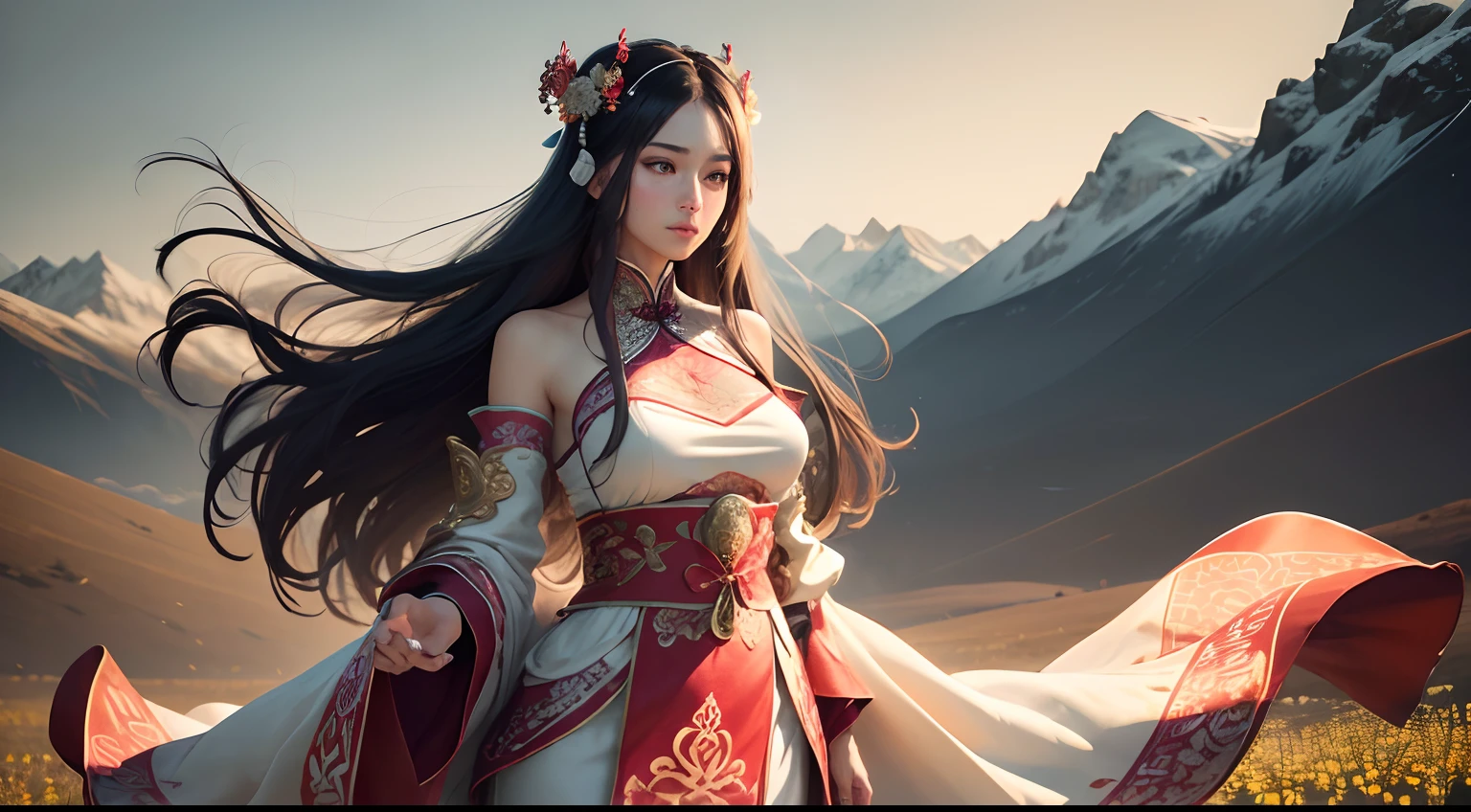 (1girl), ((three quarters body shot)), (best quality,4k,8k,highres,masterpiece:1.2),ultra-detailed,(realistic,photorealistic,photo-realistic:1.37),soft lighting, (silky long dark hair blowing in the wind), elaborate headgear, subtle shadows,gentle and natural pose,graceful and elegant posture,(wearing a regal long flowy ancient chinese robes with intricate and elaborate designs), ((exposed shoulders)), subdued yet vibrant color scheme,meticulous attention to detail,standing in a vast field of flowers, serene and peaceful mood, snowy mountains in the far background