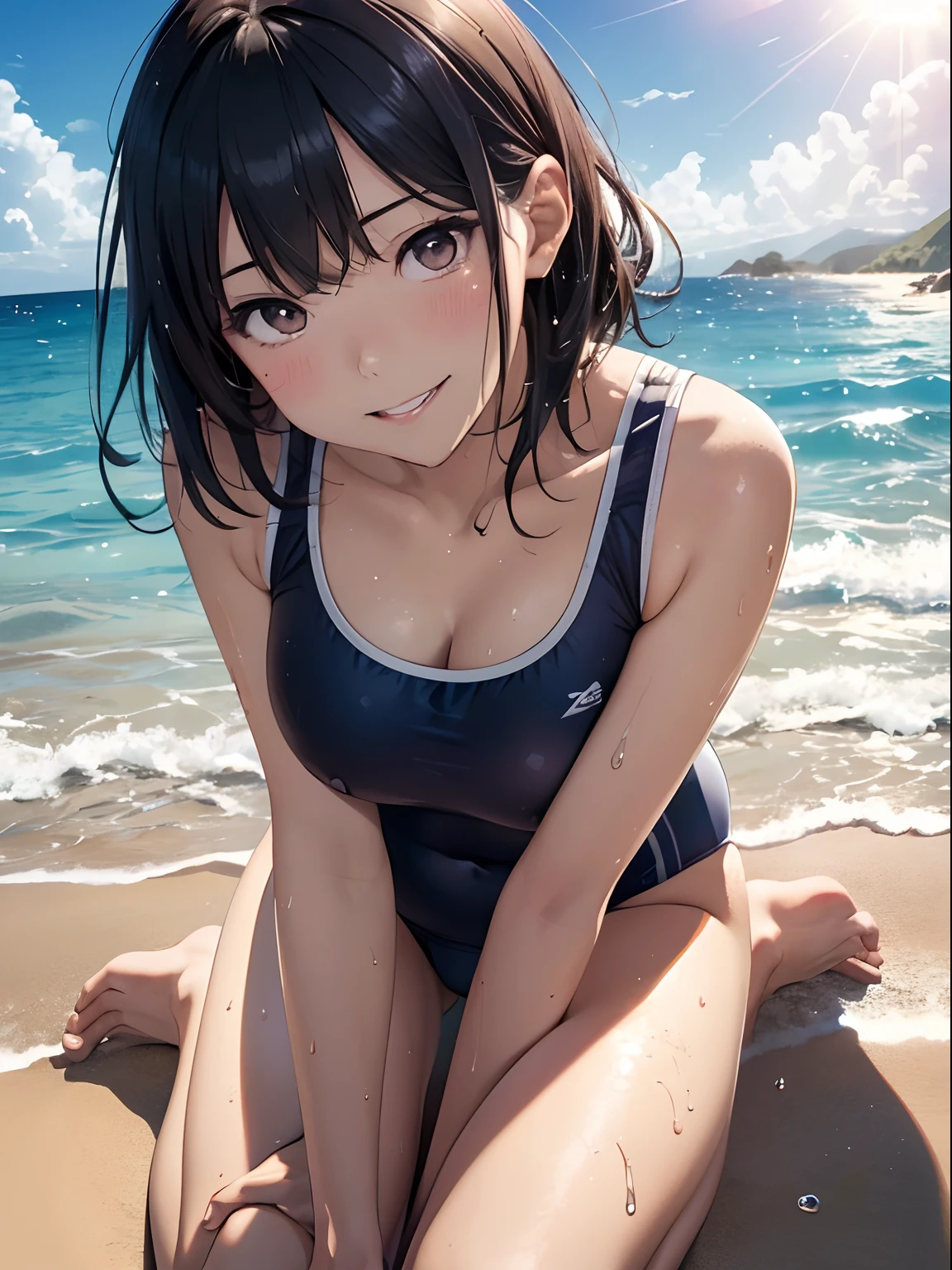 (masutepiece), (Best Quality), hyper detailed illustration,beautiful artwork,(Extreme Detail CG Unity 8K wallpaper、masterpiece、top-quality)、(exquisite lighting and shadow、highly dramatic picture、cinematic lens effects)、Young woman on the beach,swim wears, 1girl in, (School Swimsuit:1.3), Solo, onepiece swimsuit, Outdoors, Short hair, Wet, Sun, Looking at Viewer, playing in the water, breasts, Covered navel, skyporn, Water, Black hair, (Big smile), cloud, Brown eyes, competition swim suit, day, blush, Small breasts, Bangs, Sunlight, Visible from the thigh, Blue one-piece swimsuit,(Wet:1.1),(Water splash:1.1),Facing,Open mouth,(straggling hair:1.2), Dramatic Horizon,(sunlight shining),(wariza:1.2),(hand between legs),The swimsuit is wet,(Strong sunshine),(Lens Flare),(Tsurime),Head tilt,Sitting,(From above:1.2),(Spread legs)