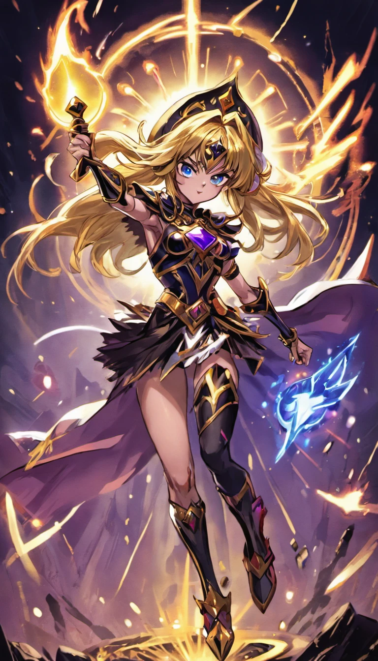 Dark magician girl:1 Illustration of the "Saint Seiya" universo. The scene features a dark magician girl as a Knight of the Zodiac., specifically representing the Scorpio wearing her Cloth, which is colored in gold and black tones and is designed in a style that reflects your zodiac sign. The background is a dramatic battlefield or significant location from the series.. El estilo es hiperrealista, capturing every detail of the Knight and his Cloth with precision. This illustration is intended for a card game, Por lo tanto, It must be dynamic and attractive., capturando la esencia del personaje y su signo zodiacal.
