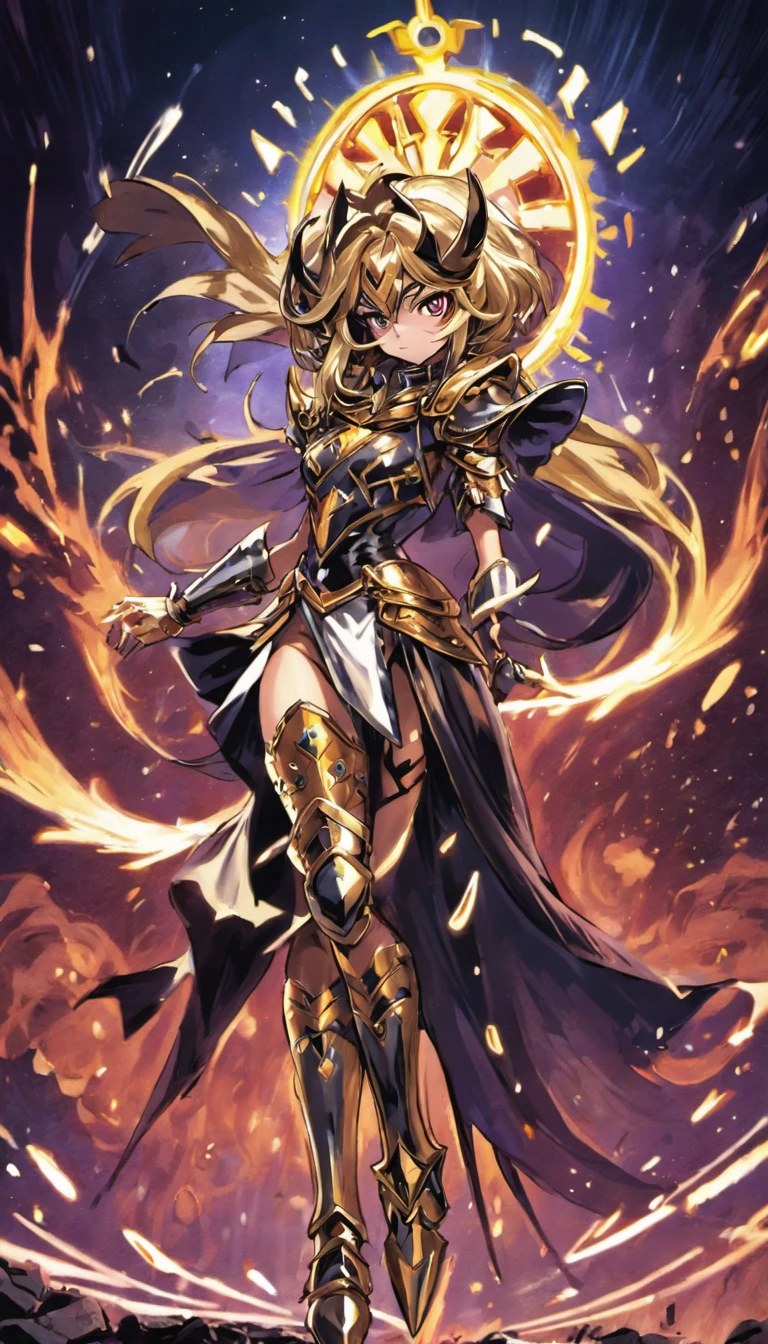 Dark magician girl:1 Illustration of the "Saint Seiya" universo. The scene features a dark magician girl as a Knight of the Zodiac., specifically representing the Scorpio wearing her Cloth, which is colored in gold and black tones and is designed in a style that reflects your zodiac sign. The background is a dramatic battlefield or significant location from the series.. El estilo es hiperrealista, capturing every detail of the Knight and his Cloth with precision. This illustration is intended for a card game, Por lo tanto, It must be dynamic and attractive., capturando la esencia del personaje y su signo zodiacal.