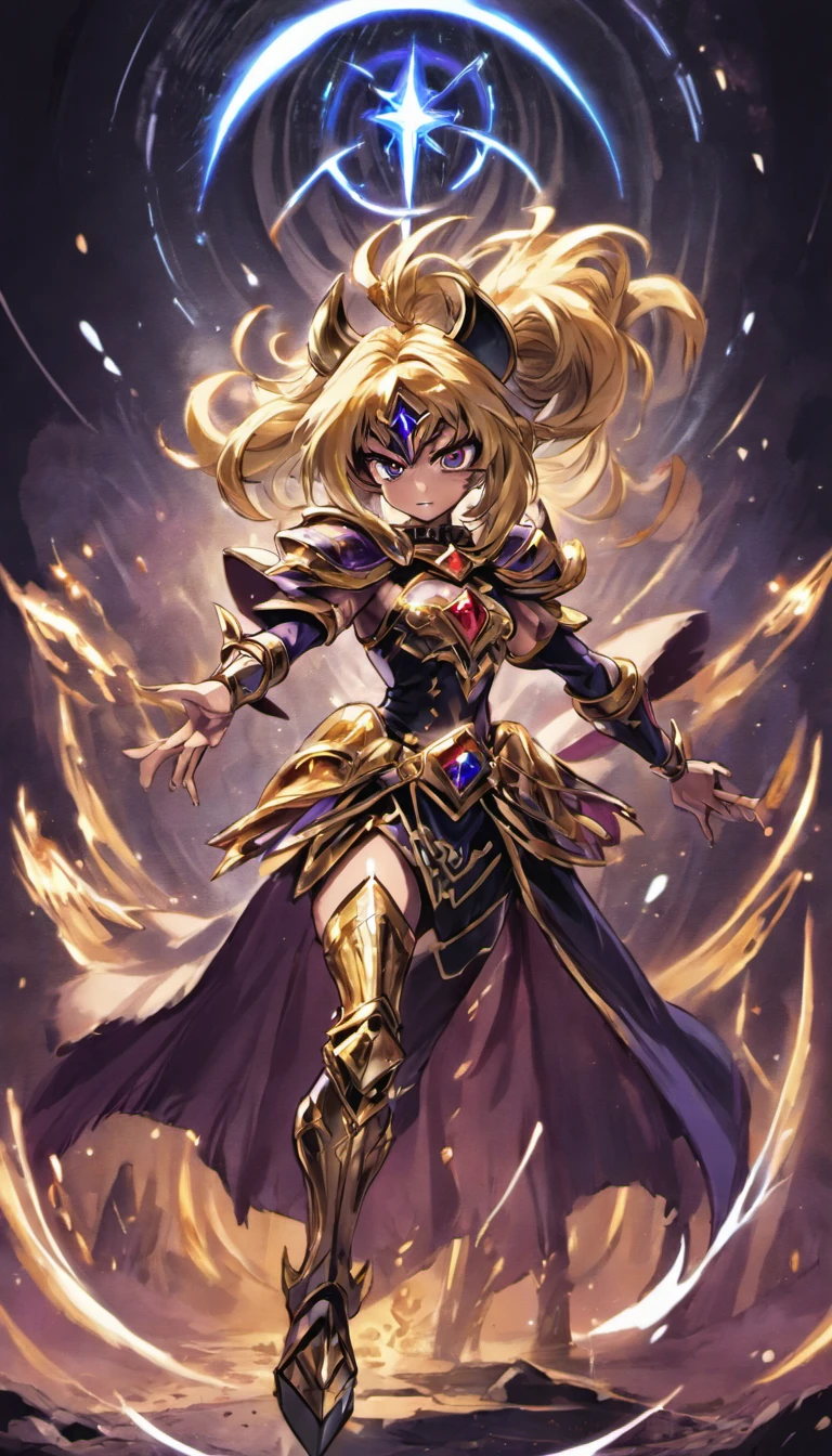 Dark magician girl:1 Illustration of the "Saint Seiya" universo. The scene features a dark magician girl as a Knight of the Zodiac., specifically representing the Scorpio wearing her Cloth, which is colored in gold and black tones and is designed in a style that reflects your zodiac sign. The background is a dramatic battlefield or significant location from the series.. El estilo es hiperrealista, capturing every detail of the Knight and his Cloth with precision. This illustration is intended for a card game, Por lo tanto, It must be dynamic and attractive., capturando la esencia del personaje y su signo zodiacal.