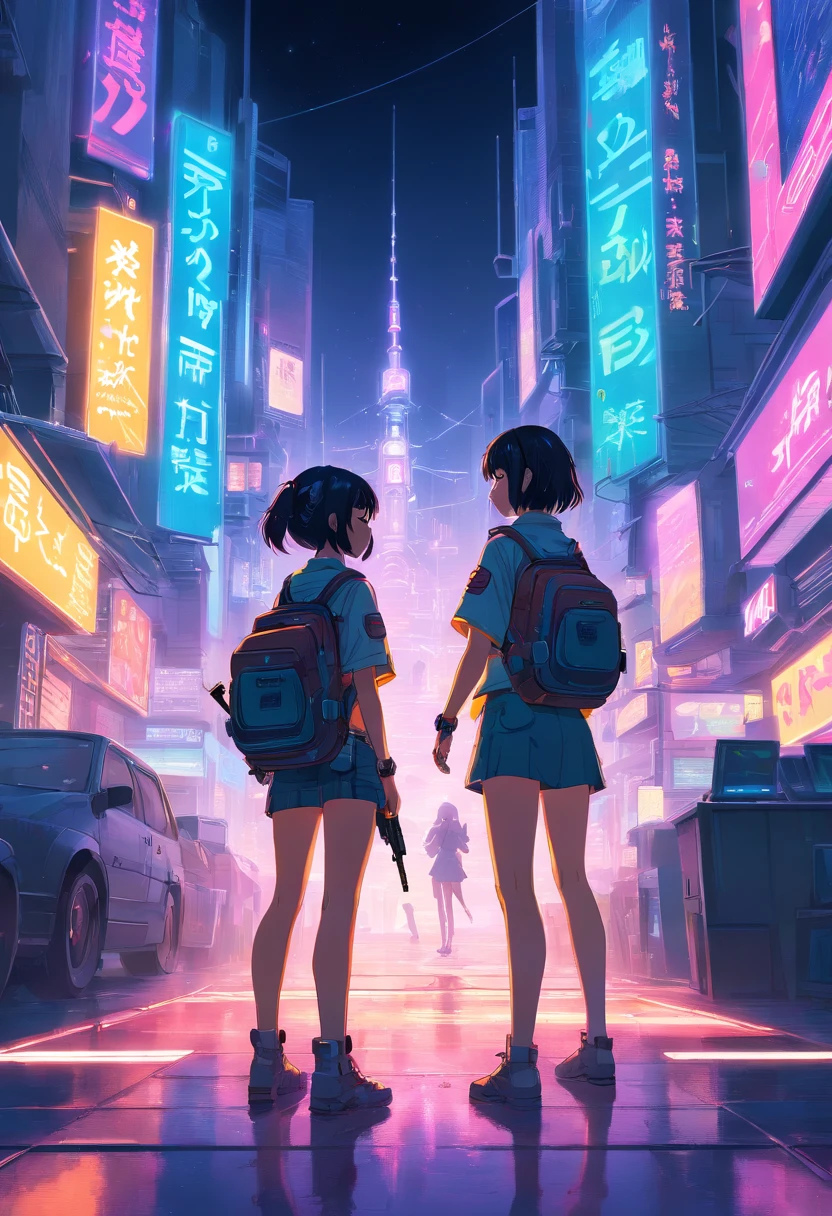 "Cyberpunk-inspired immersion, World of Neon Lights, Girl Strumming Guitar, Two girls standing back to back, Be mesmerized by the surreal sights of the planets that dominate the skies, Full of captivating digital artistry."