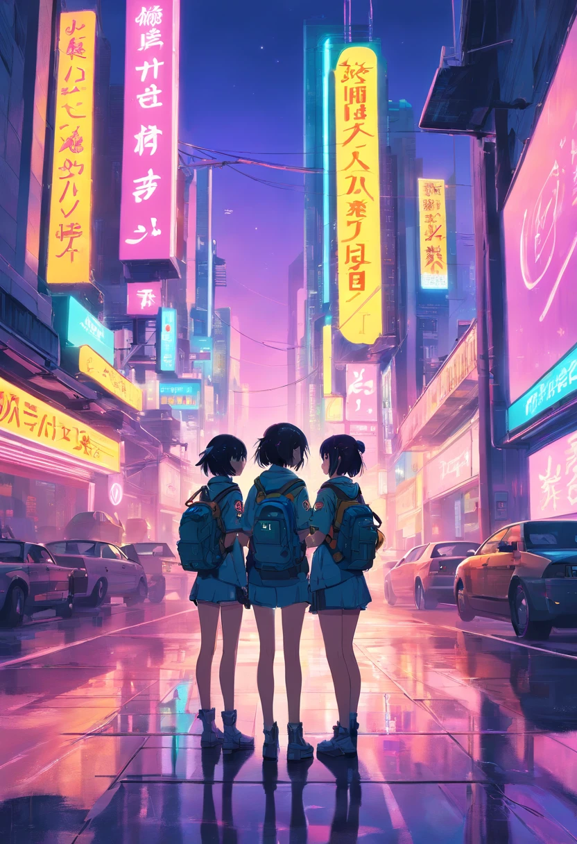 "Cyberpunk-inspired immersion, World of Neon Lights, Girl Strumming Guitar, Two girls standing back to back, Be mesmerized by the surreal sights of the planets that dominate the skies, Full of captivating digital artistry."