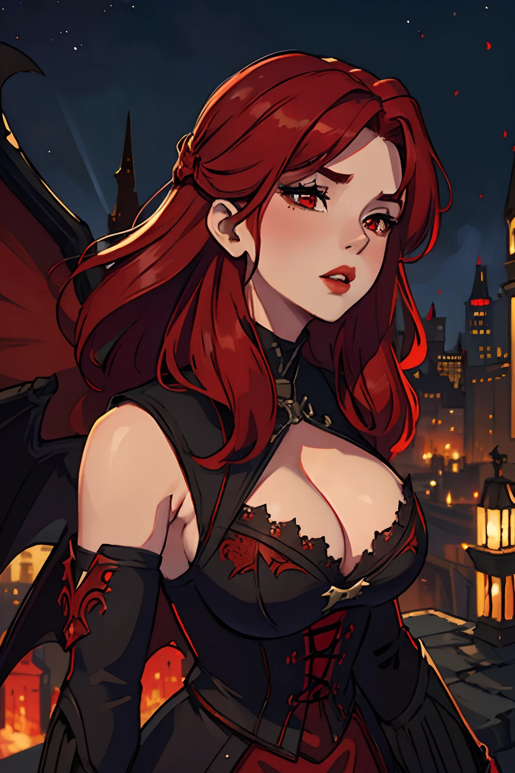 (best quality,highres,ultra-detailed),beautiful detailed red hair,beautiful detailed red eyes,beautiful detailed red lips,large bat wings,medieval attire,revealing clothing,city,night,scary,big breasts,medieval cityscape