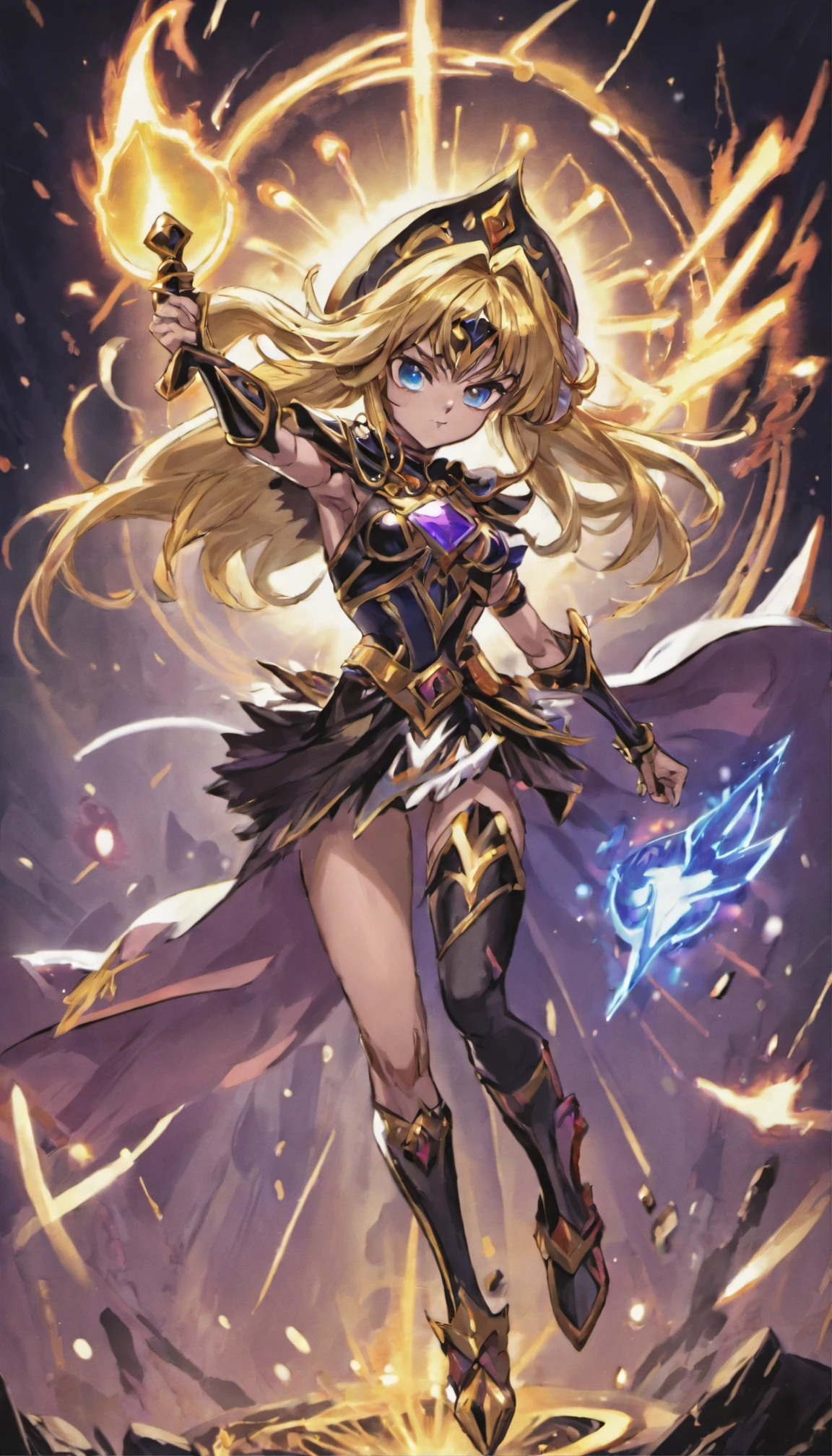 Dark magician girl:1 Illustration of the "Saint Seiya" universo. The scene features a dark magician girl as a Knight of the Zodiac., specifically representing the Scorpio wearing her Cloth, which is colored in gold and black tones and is designed in a style that reflects your zodiac sign. The background is a dramatic battlefield or significant location from the series.. El estilo es hiperrealista, capturing every detail of the Knight and his Cloth with precision. This illustration is intended for a card game, Por lo tanto, It must be dynamic and attractive., capturando la esencia del personaje y su signo zodiacal.