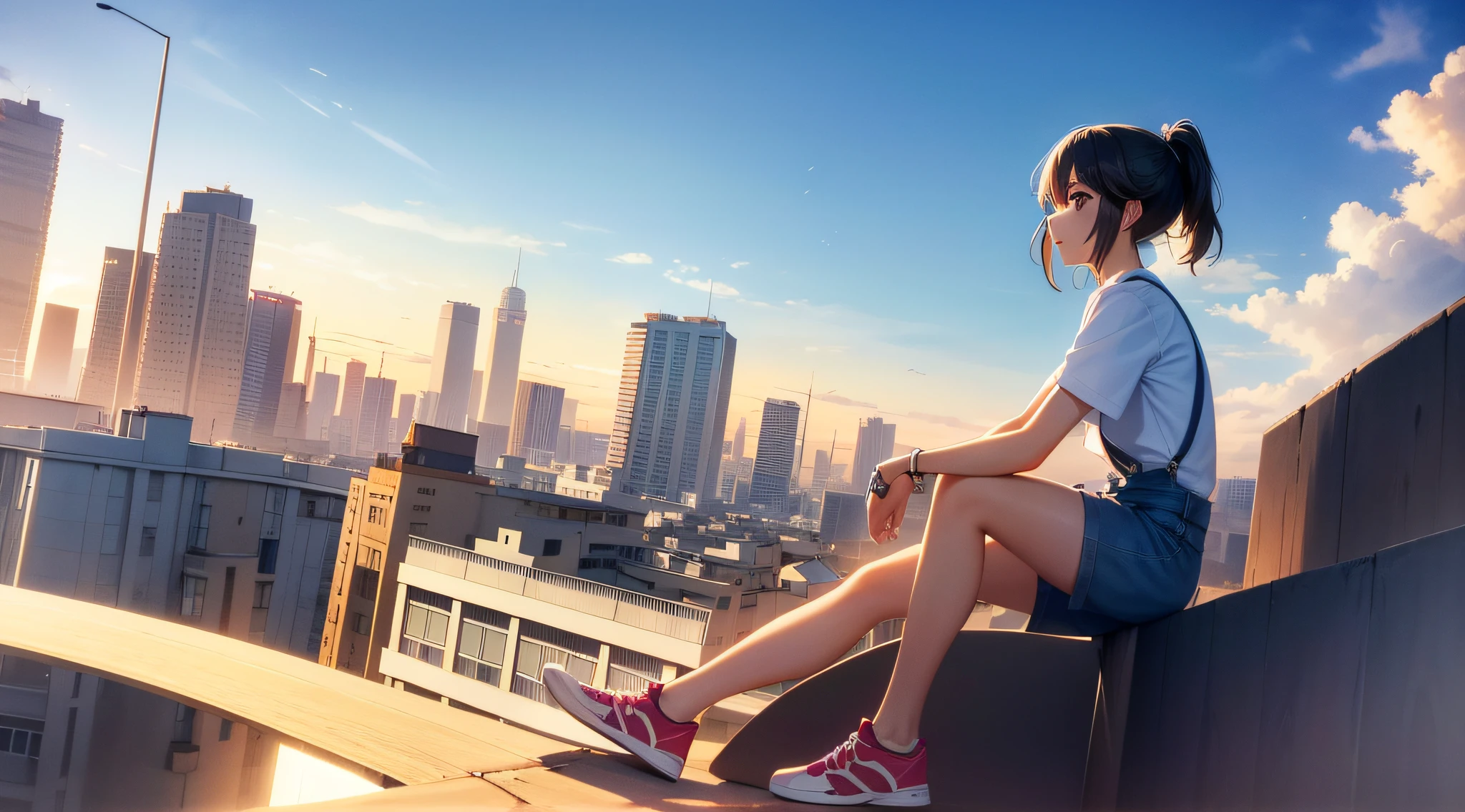in style of hayao miyazaki,(Hayao Miyazaki animated film:1.4),1 Outdoor girls,Denim suspenders,short- sleeved,athletic sneakers,short hair ponytail, late, starrysky, in a panoramic view, scenecy, horizon,Town rooftops, sitting on rooftop, ventania,The wind ruffled the long hair,super-fine,Works of masters,high qulity,8K分辨率,depth of fields,电影灯光,Epic shooting,high qulity,super-fine,Detailed pubic hair,Accurate,Cinematic lighting,((best qualtiy)), ((tmasterpiece)), (A detailed:1.4),Enhanced dynamic perspective, Costumes random,