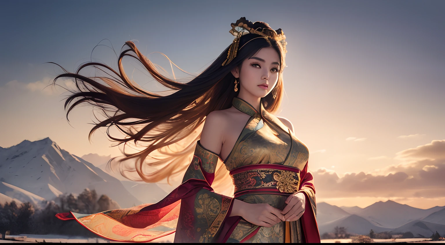 (1girl), ((three quarters body shot)), (best quality,4k,8k,highres,masterpiece:1.2),ultra-detailed,(realistic,photorealistic,photo-realistic:1.37),soft lighting, (silky long dark hair blowing in the wind), elaborate headgear, subtle shadows,gentle and natural pose,graceful and elegant posture,(wearing a regal long flowy ancient chinese robes with intricate and elaborate designs), ((exposed shoulders)), subdued yet vibrant color scheme,meticulous attention to detail,standing in a vast field of flowers, serene and peaceful mood, snowy mountains in the far background