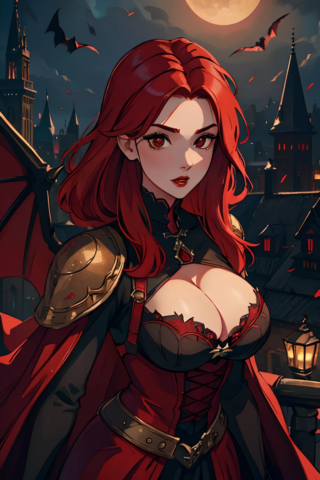 (best quality,highres,ultra-detailed),beautiful detailed red hair,beautiful detailed red eyes,beautiful detailed red lips,large bat wings,medieval attire,revealing clothing,city,night,scary,big breasts,medieval cityscape