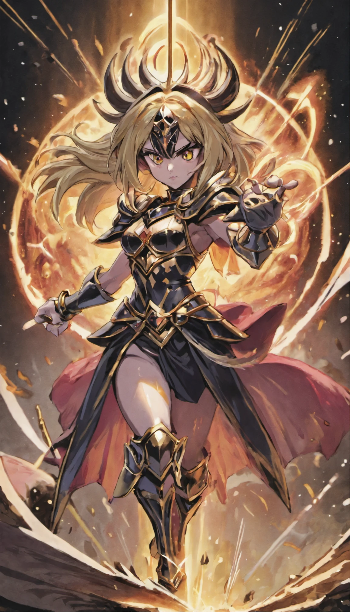 Dark magician girl:1 Illustration of the "Saint Seiya" universo. The scene features a dark magician girl as a Knight of the Zodiac., specifically representing the Scorpio wearing her Cloth, which is colored in gold and black tones and is designed in a style that reflects your zodiac sign. The background is a dramatic battlefield or significant location from the series.. El estilo es hiperrealista, capturing every detail of the Knight and his Cloth with precision. This illustration is intended for a card game, Por lo tanto, It must be dynamic and attractive., capturando la esencia del personaje y su signo zodiacal.