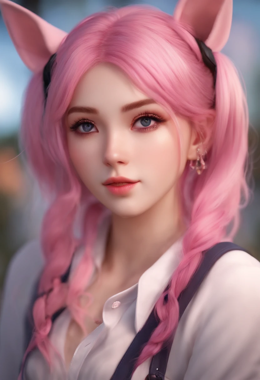 Pink hair pink eyes with beautiful clothes with shirt and cute ponytail and ears