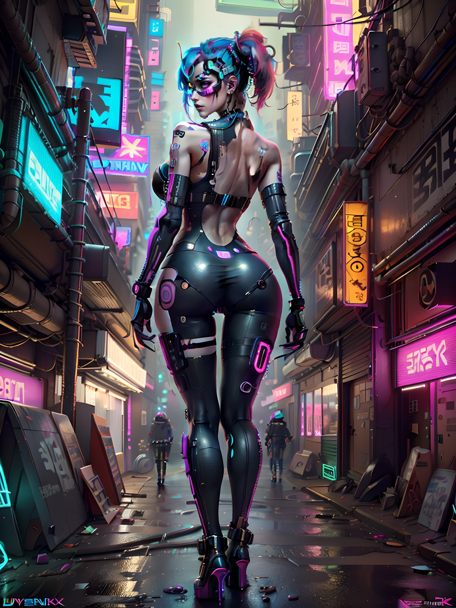 (((Close up cowboy shot))),masterpiece, top quality, best quality, official art, beautiful and aesthetic:1.2),(1 Sofia Boutella cyberpunk girl:1.4),([pink|blue] hair:1.5),((extreme detailed face)),(fractal art:1.3),(colorful:1.5), ((highly detailed face)), hyper detailed,(Mechanical modification:1.3),(modification:1.2),Maiden,(complex mechanical conduit is inserted into the back:1.5),(neon background:1.4),(neon city:1.75),night,large breasts, thigh gap, camel toe, (gothic_lolita:1.2),high heels,(:0.75),makeup,blush,(cyberpunk:1.4),((looking at viewer:1.3))