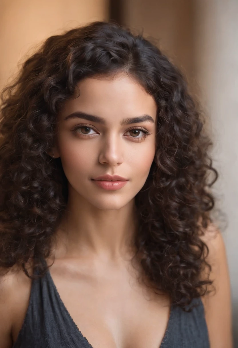 Attractive sexy light brown skinned woman 20 years old black curly hair (photo-realistic: 1,5) (tmasterpiece: 1,5) (best qualityer: 1,5) (color corrected) (Detail Skins: 2,5) (8K)headshot