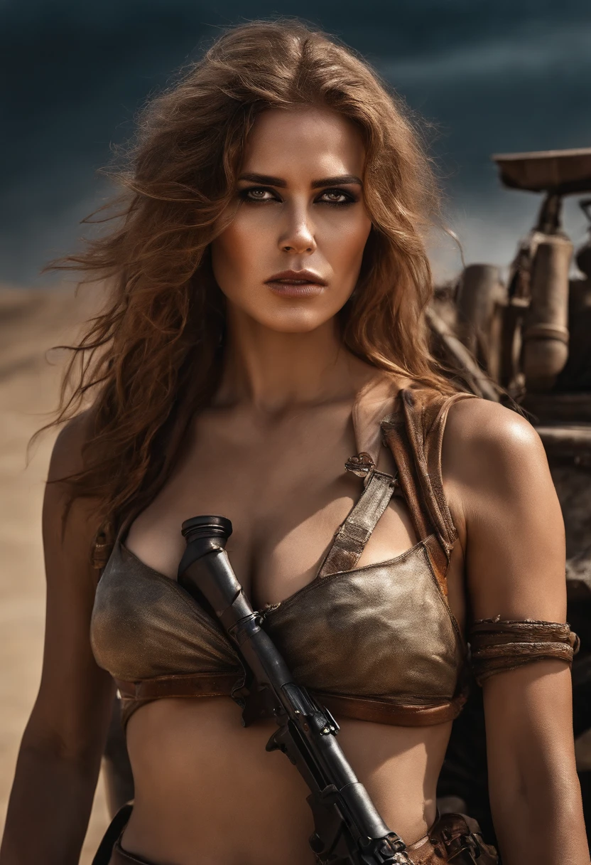 Mad Max Woman, photographrealistic, Postapocalypse、rifle、Naked, Colossal tits、Young Woman、Lots of skin、