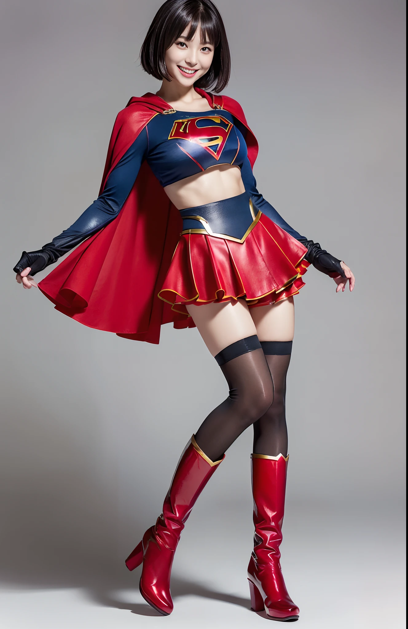 Be sure to wear black tights、(((Make the most of the original image)))、(((Supergirl Costume)))、(((shiny short hair)))、(((Suffering)))、(((Feet must necessarily be worn with black tights)))、(((Smile)))、(((You need to wear red boots)))、((Top image quality、8K))、((top-quality、8K、​masterpiece:1.3))、(((Keep your background simple)))、Crisp focus:1.2、Beautiful woman with perfect body shape:1.4、Slender Abs:1.2、((layers-Cut、large boob:1.2))、a wet body:1.5、Highly detailed facial and skin texture、